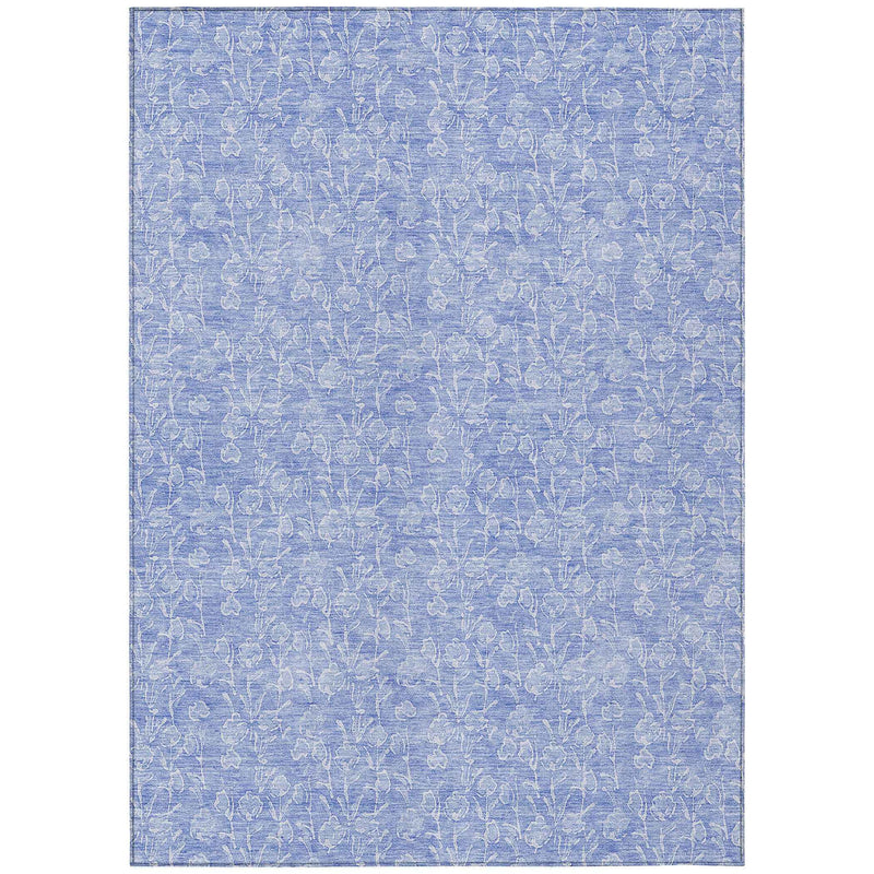 9' X 12' Denim Blue And Ivory Floral Washable Indoor Outdoor Area Rug