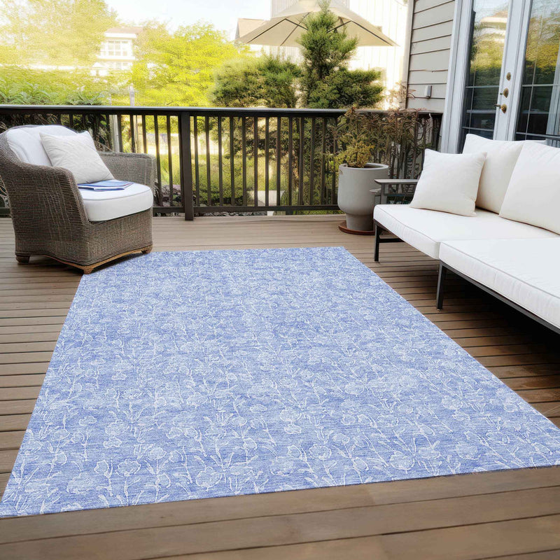 9' X 12' Denim Blue And Ivory Floral Washable Indoor Outdoor Area Rug