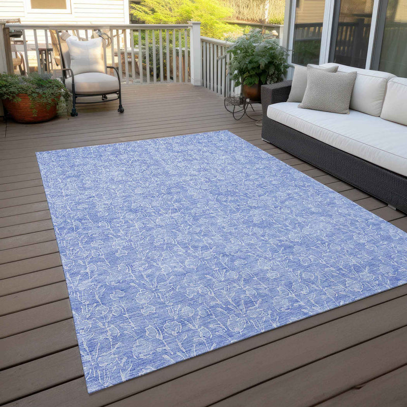 9' X 12' Denim Blue And Ivory Floral Washable Indoor Outdoor Area Rug