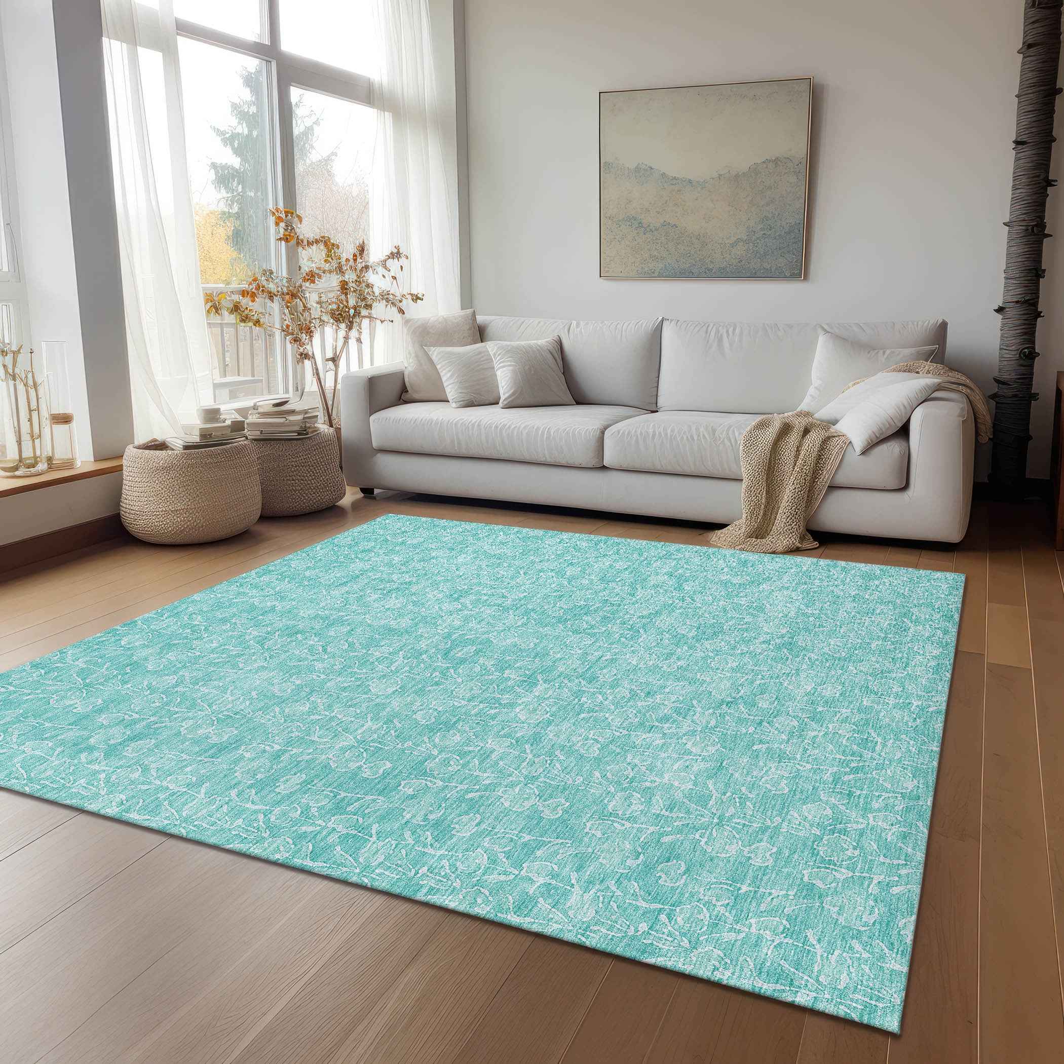 9' X 12' Teal Blue And Ivory Floral Washable Indoor Outdoor Area Rug