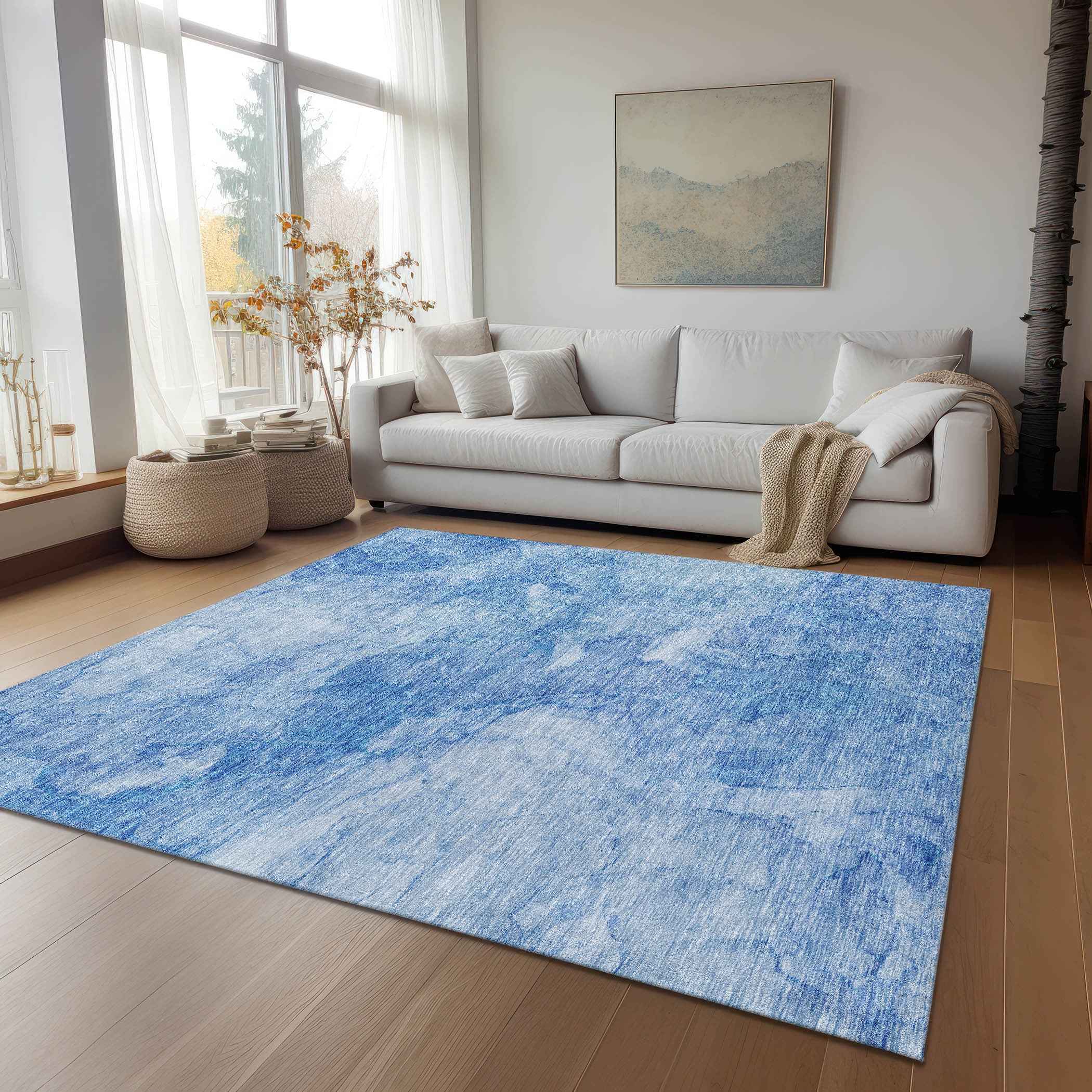 9' X 12' Denim Blue And Sky Blue Nautical Washable Indoor Outdoor Area Rug
