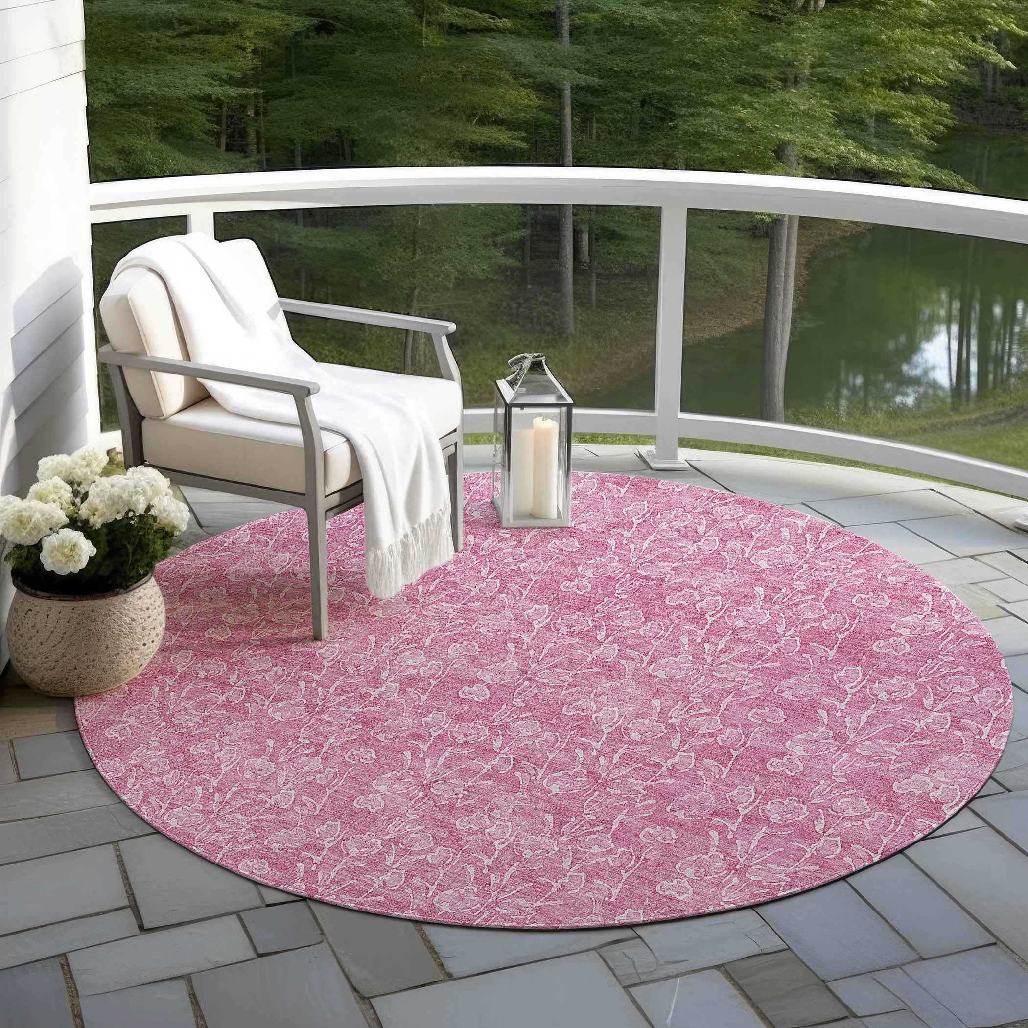 8' Blush And Ivory Round Floral Washable Indoor Outdoor Area Rug Default Title