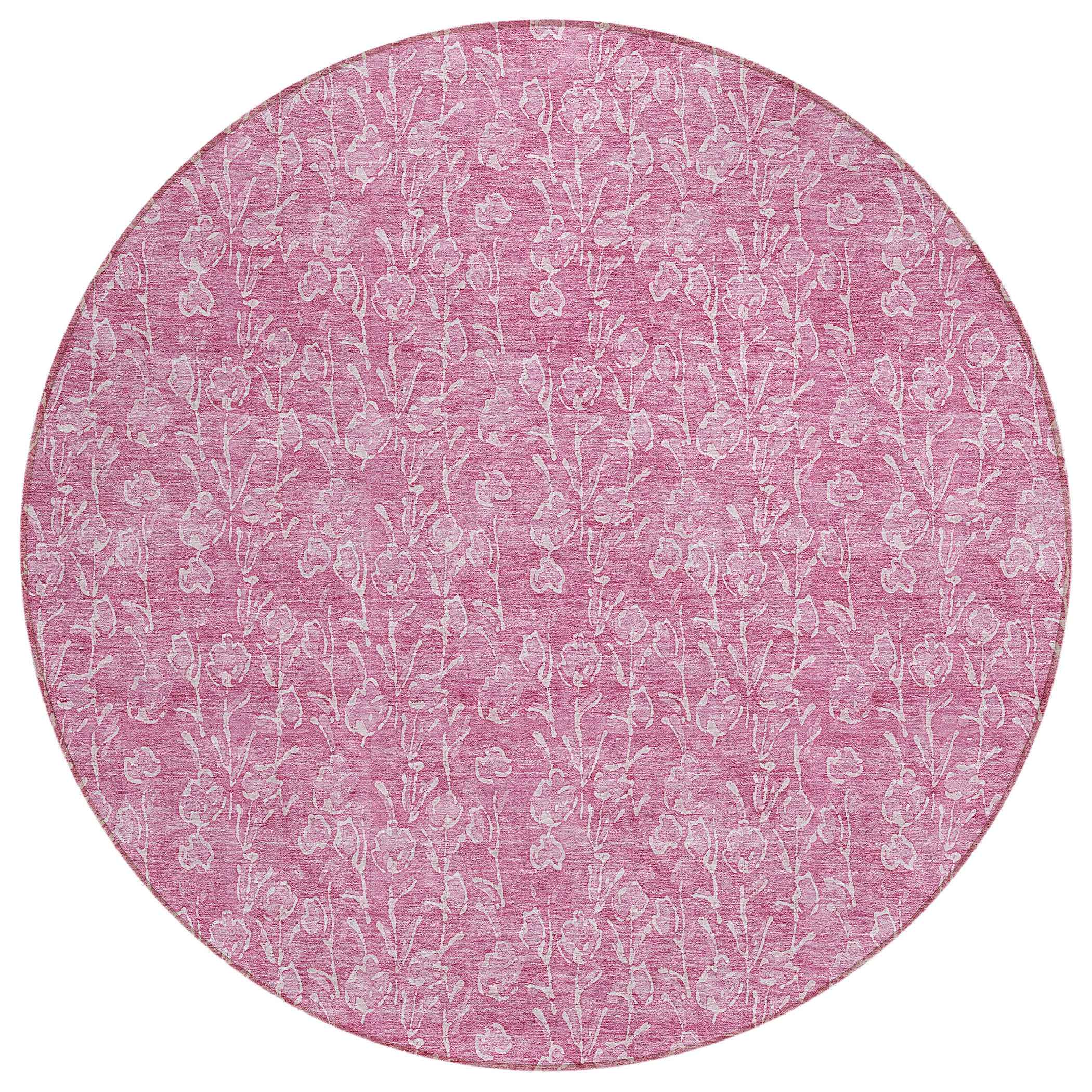 8' Blush And Ivory Round Floral Washable Indoor Outdoor Area Rug