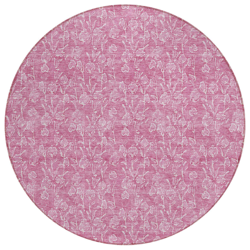 8' Blush And Ivory Round Floral Washable Indoor Outdoor Area Rug