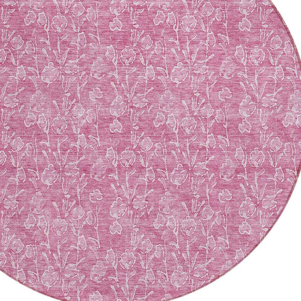 8' Blush And Ivory Round Floral Washable Indoor Outdoor Area Rug