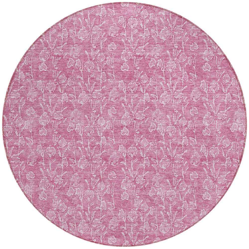 8' Blush And Ivory Round Floral Washable Indoor Outdoor Area Rug