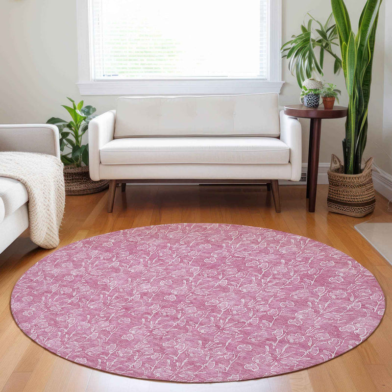 8' Blush And Ivory Round Floral Washable Indoor Outdoor Area Rug