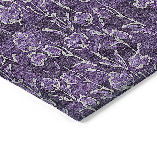 10' X 14' Purple Eggplant And Ivory Floral Washable Indoor Outdoor Area Rug