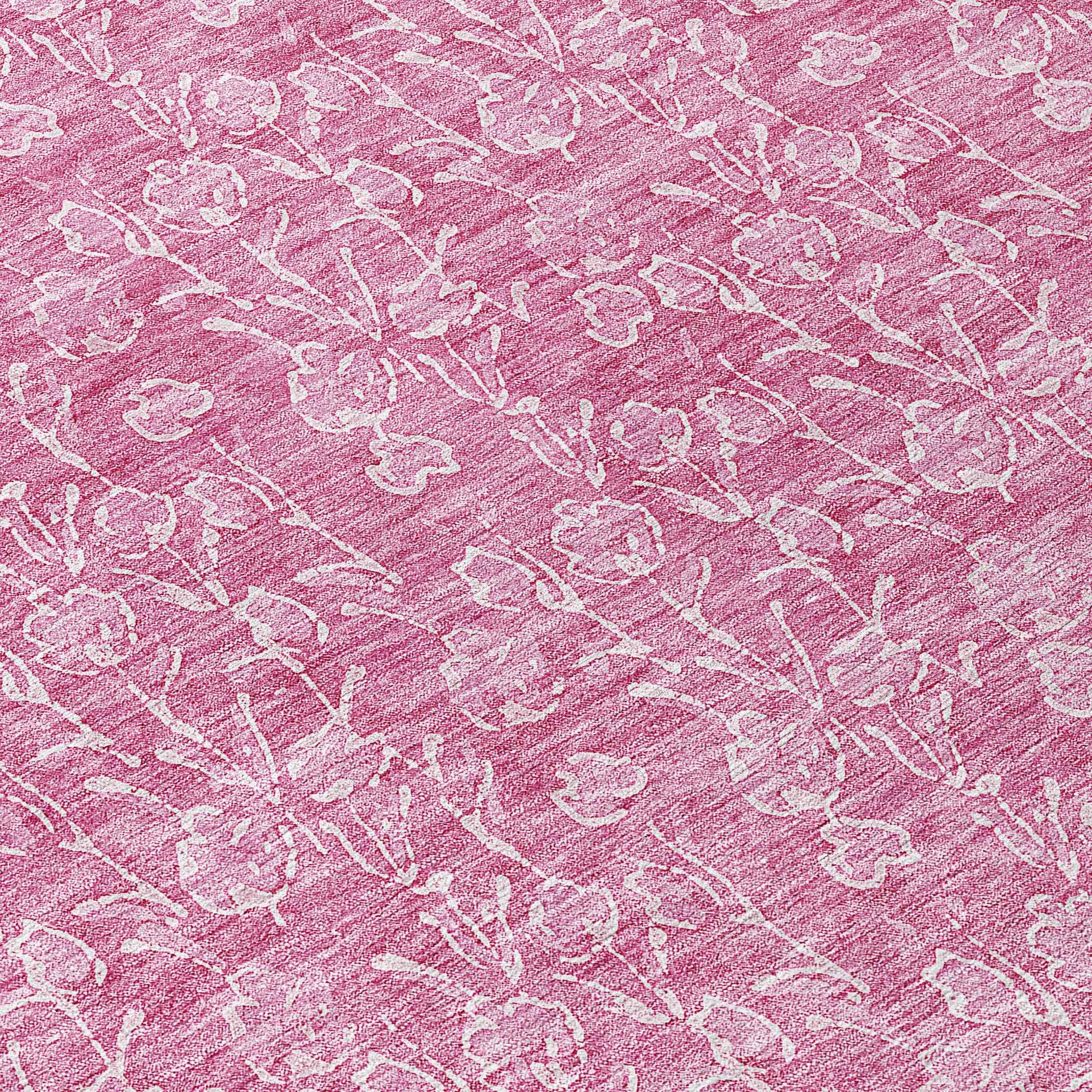 8' Blush And Ivory Round Floral Washable Indoor Outdoor Area Rug