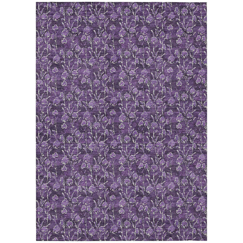 10' X 14' Purple Eggplant And Ivory Floral Washable Indoor Outdoor Area Rug