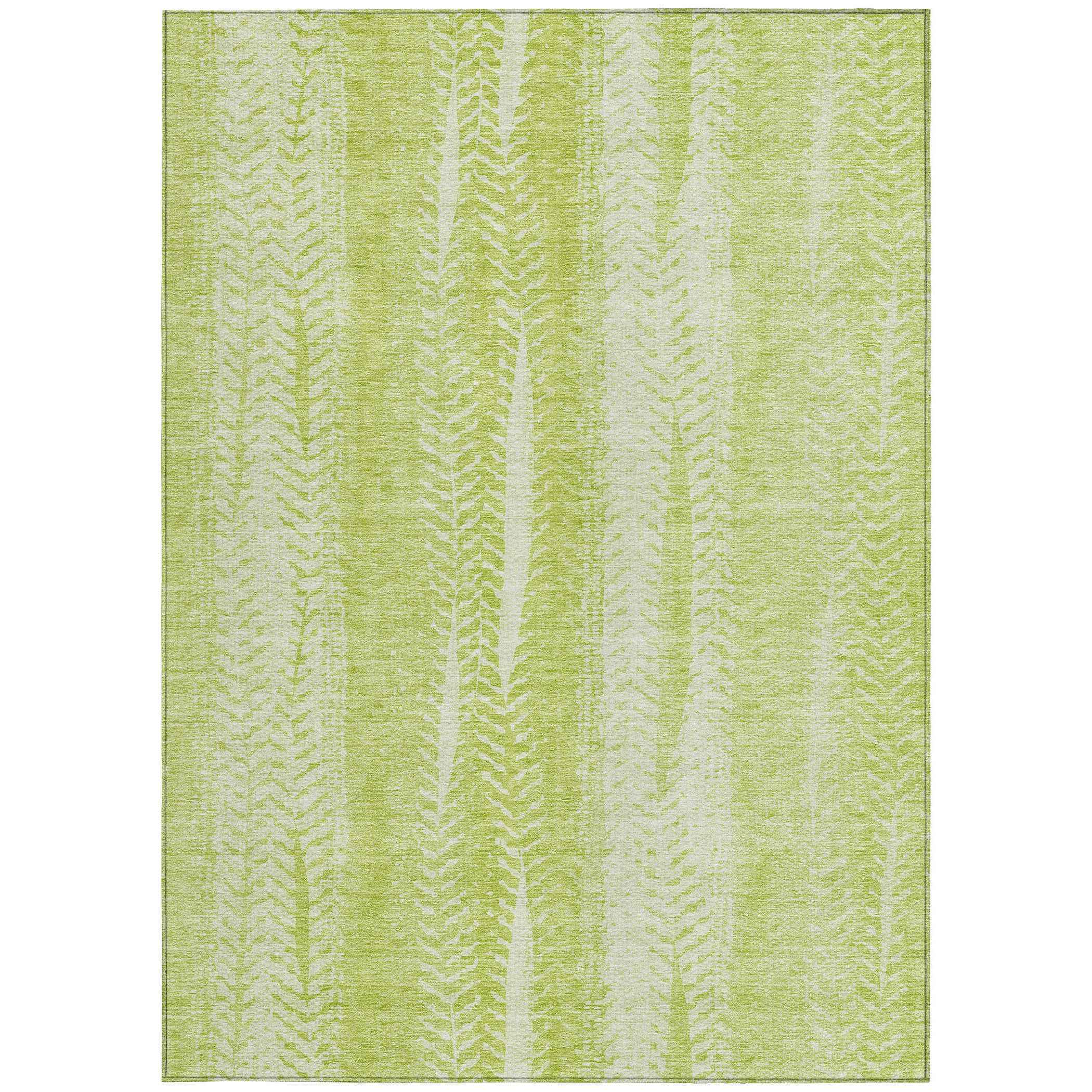 5' X 8' Artichoke Green And Ivory Botanical Leaves Washable Indoor Outdoor Area Rug