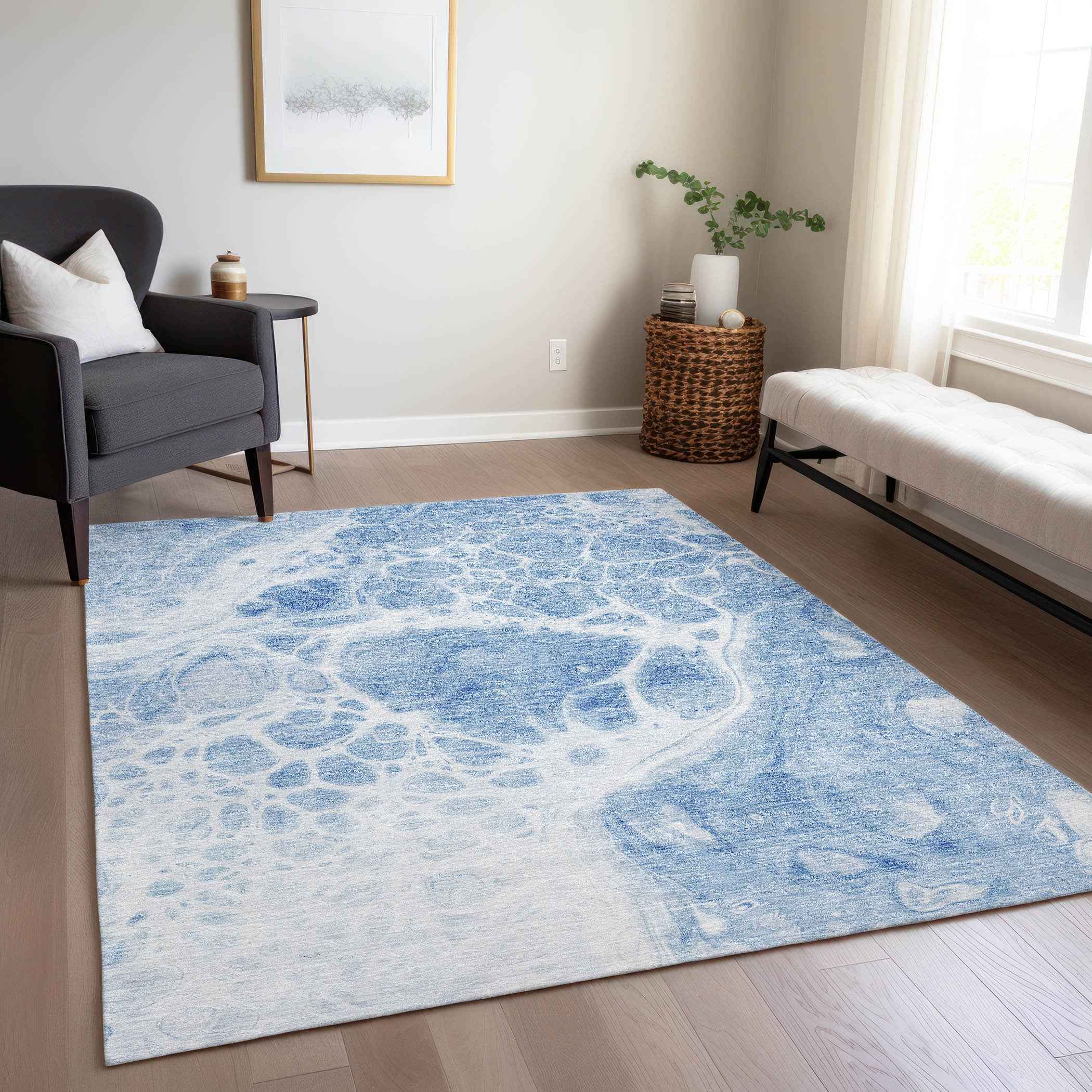 5' X 8' Sky Blue And Denim Blue Nautical Washable Indoor Outdoor Area Rug