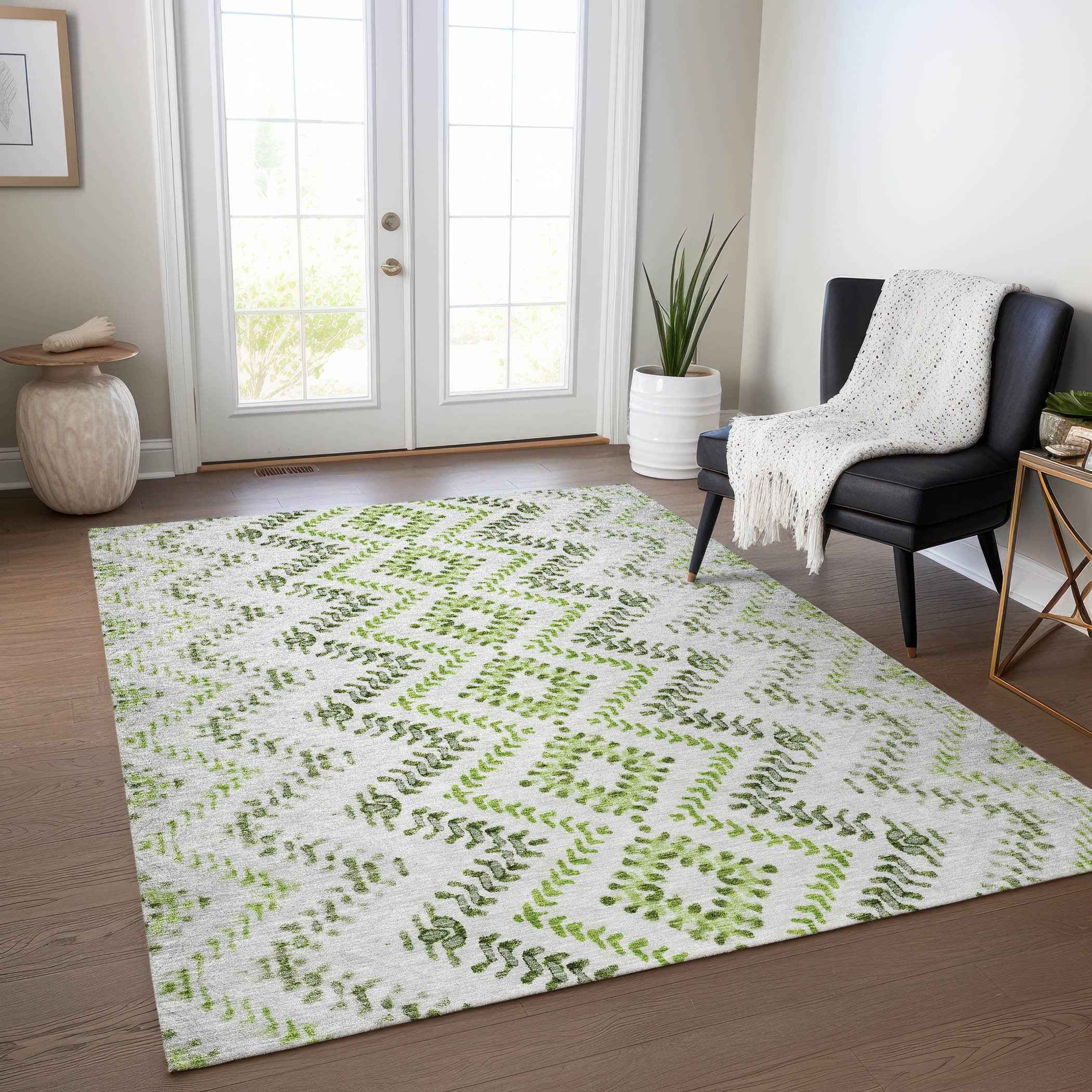 3' X 5' Green Ivory And Gray Geometric Washable Indoor Outdoor Area Rug