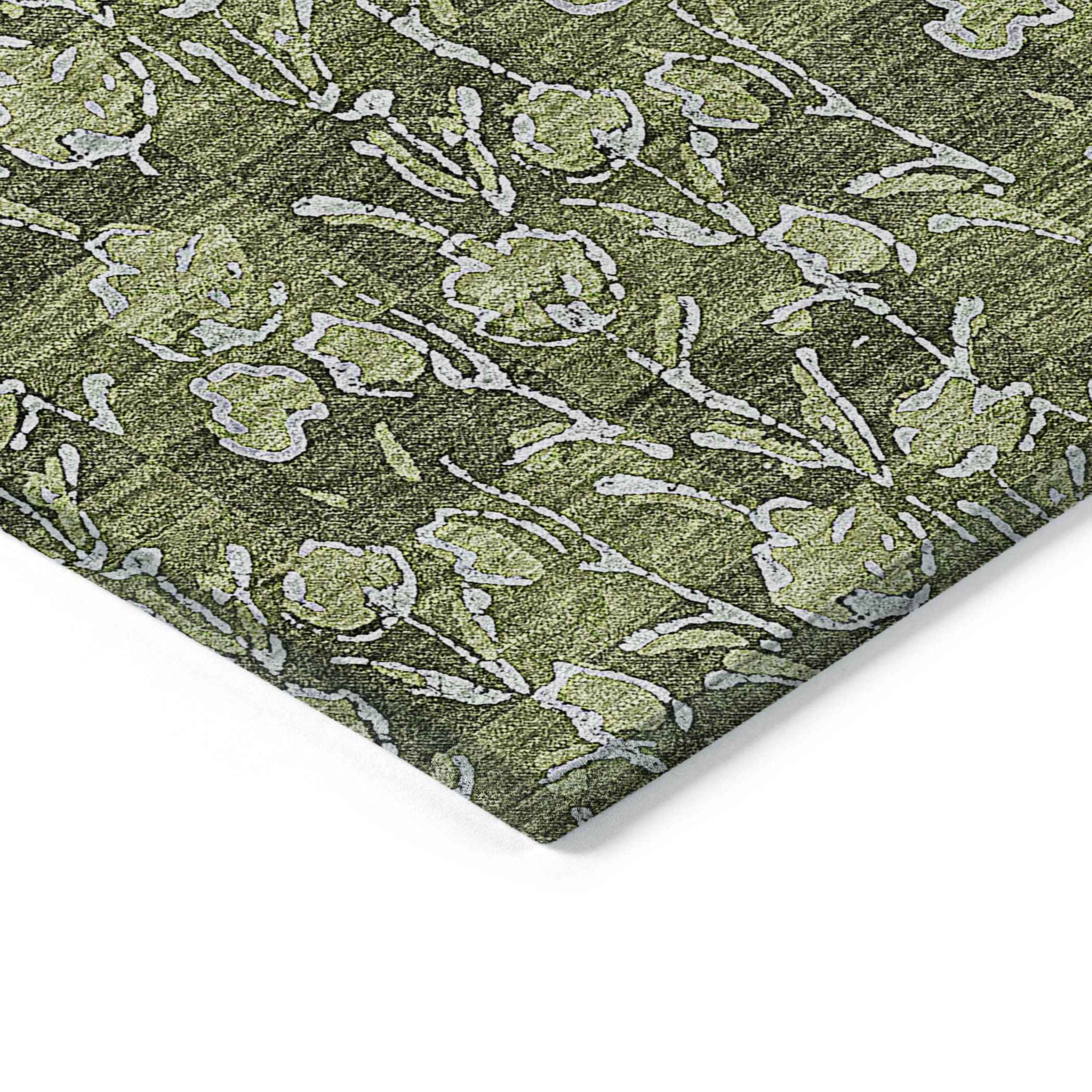 8' X 10' Olive Green Artichoke Green And Ivory Floral Washable Indoor Outdoor Area Rug