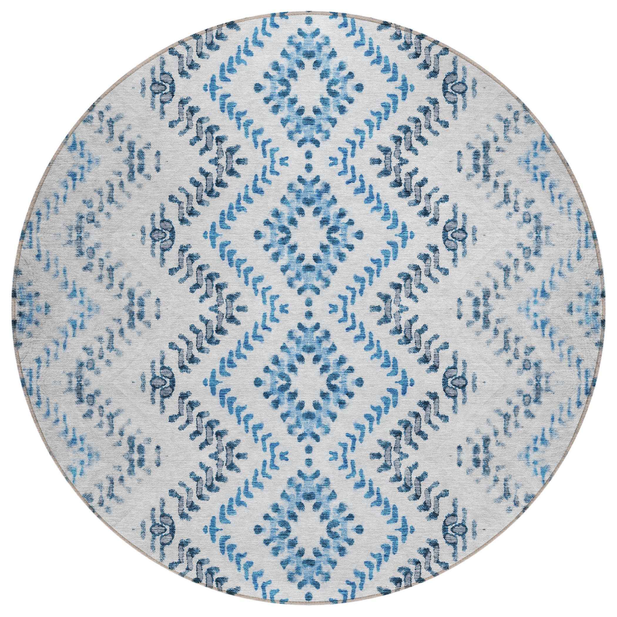 8' Navy Blue And Denim Blue Round Geometric Washable Indoor Outdoor Area Rug