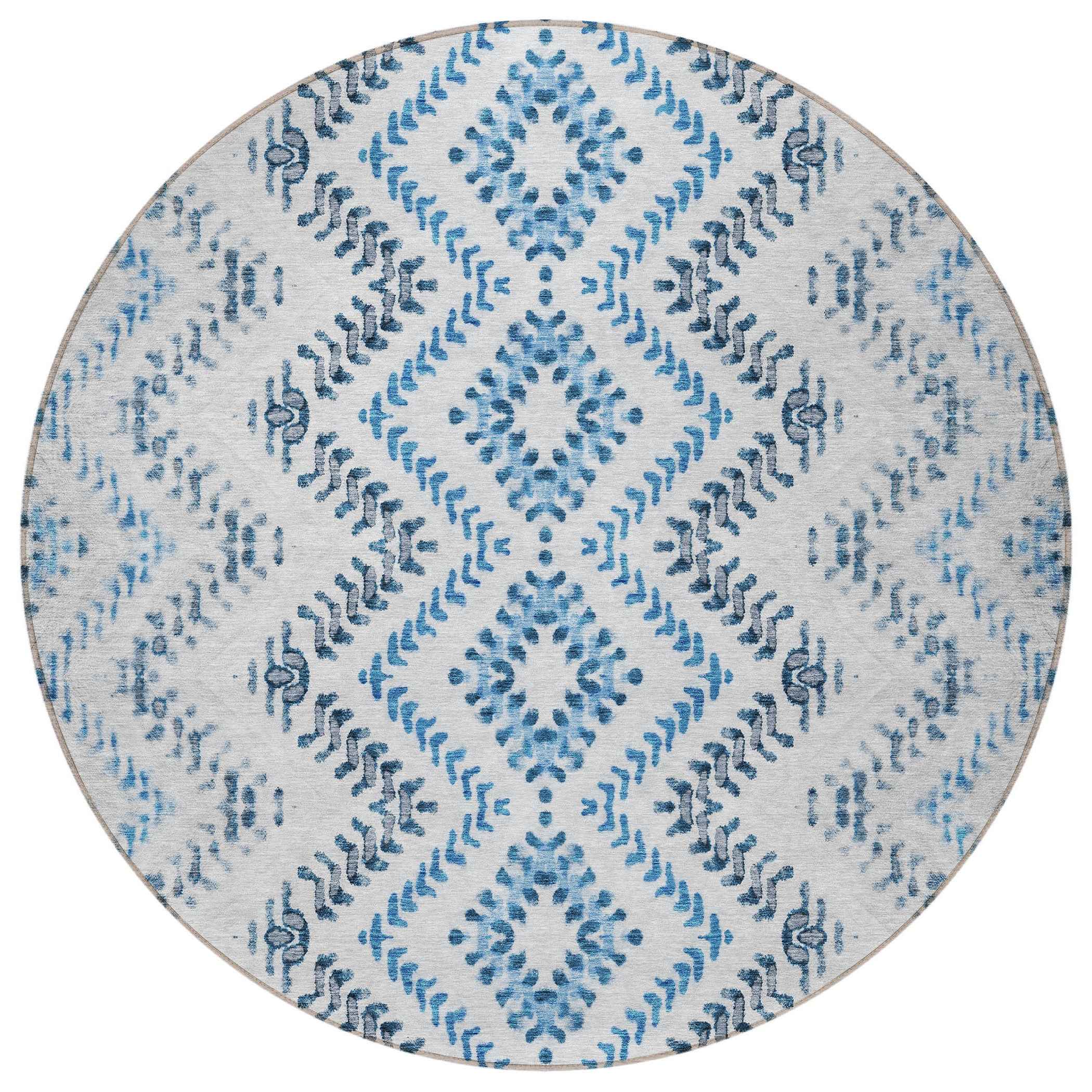 8' Navy Blue And Denim Blue Round Geometric Washable Indoor Outdoor Area Rug