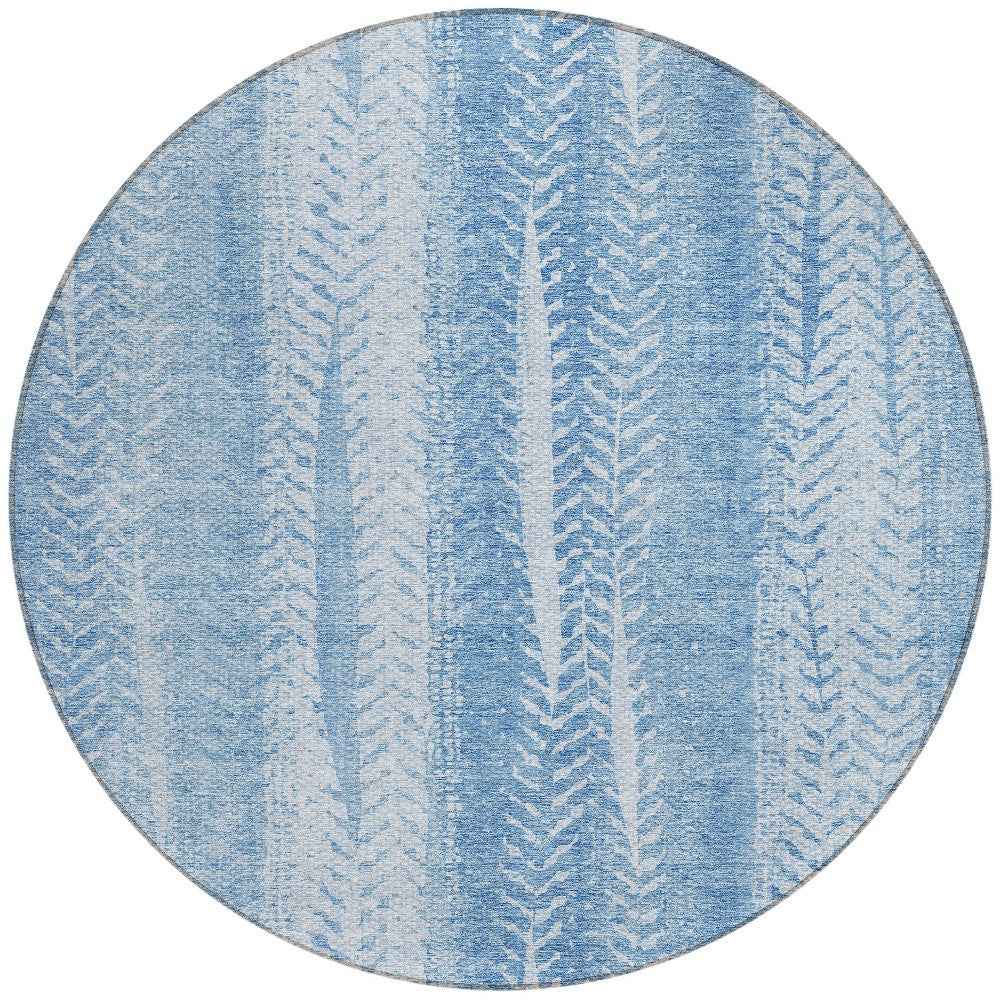 8' Sky Blue And Denim Blue Round Botanical Leaves Washable Indoor Outdoor Area Rug