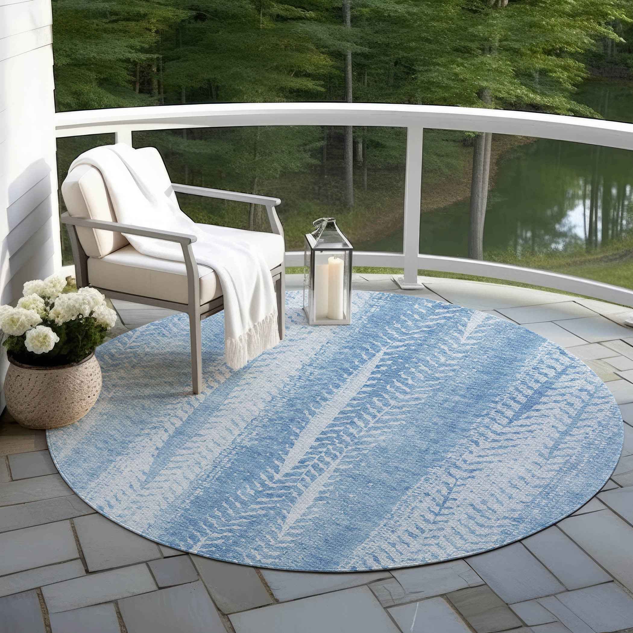 8' Sky Blue And Denim Blue Round Botanical Leaves Washable Indoor Outdoor Area Rug