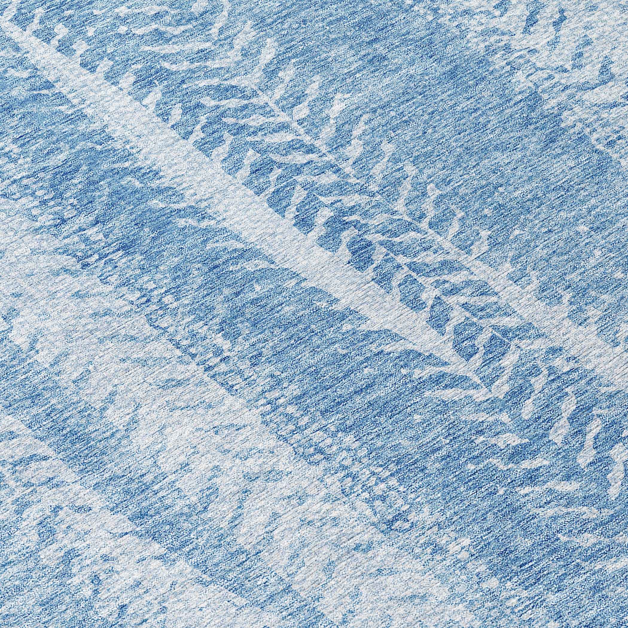 8' Sky Blue And Denim Blue Round Botanical Leaves Washable Indoor Outdoor Area Rug