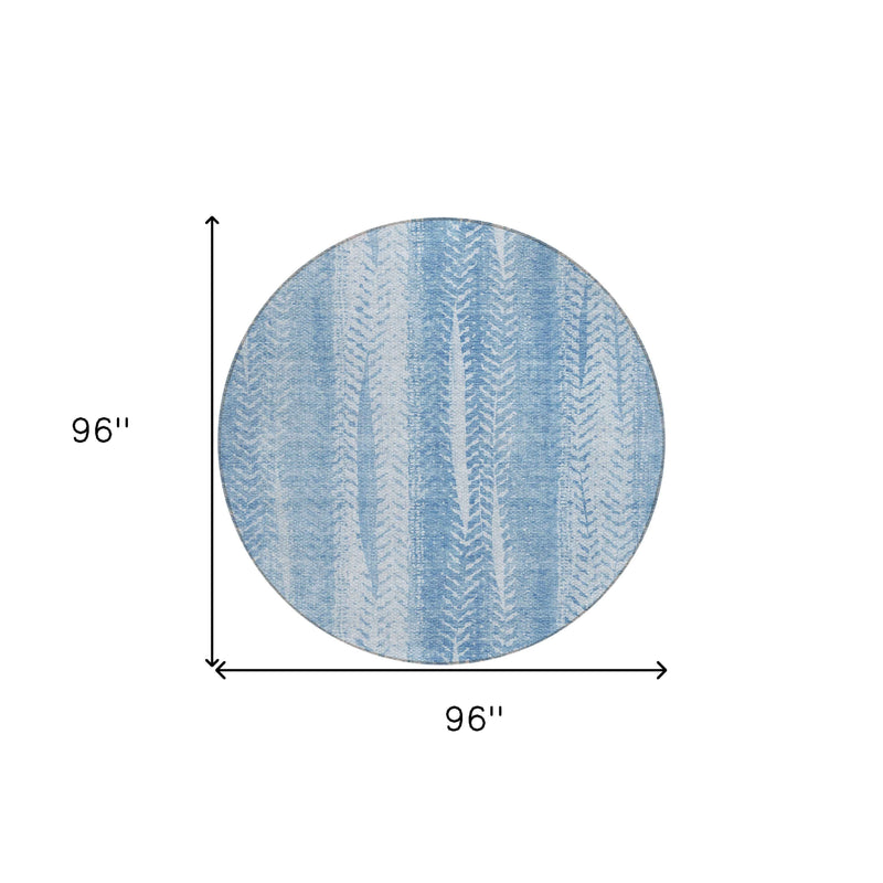 8' Sky Blue And Denim Blue Round Botanical Leaves Washable Indoor Outdoor Area Rug