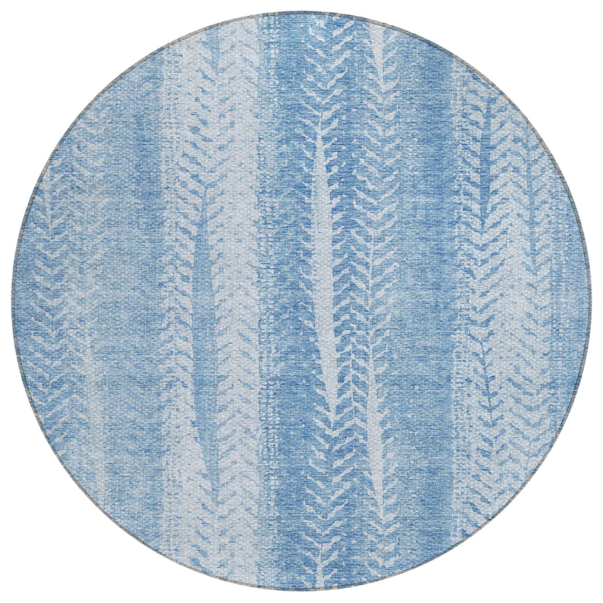 8' Sky Blue And Denim Blue Round Botanical Leaves Washable Indoor Outdoor Area Rug