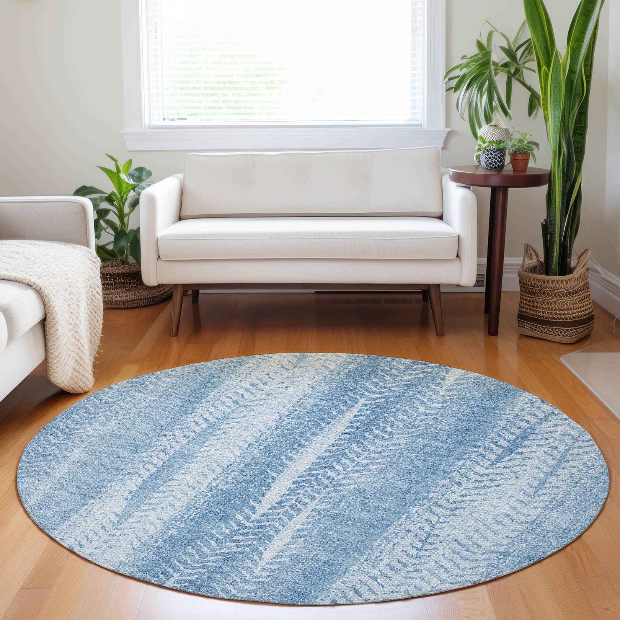 8' Sky Blue And Denim Blue Round Botanical Leaves Washable Indoor Outdoor Area Rug