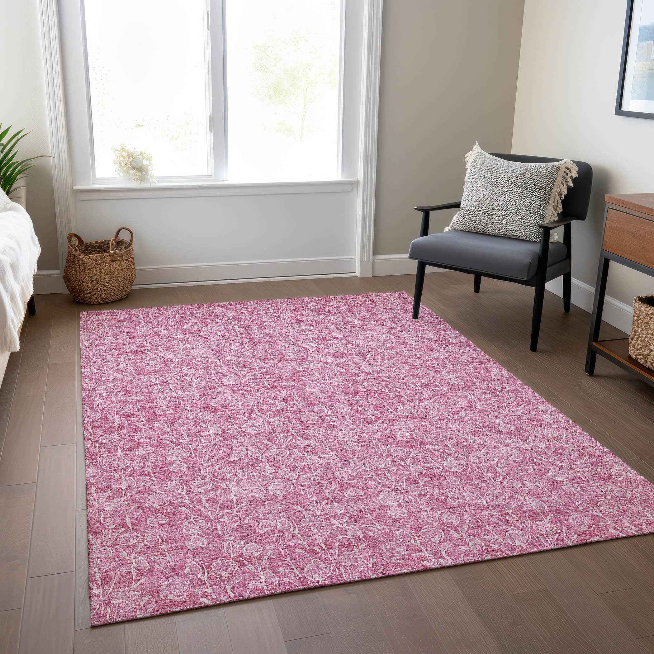 5' X 8' Blush And Ivory Floral Washable Indoor Outdoor Area Rug