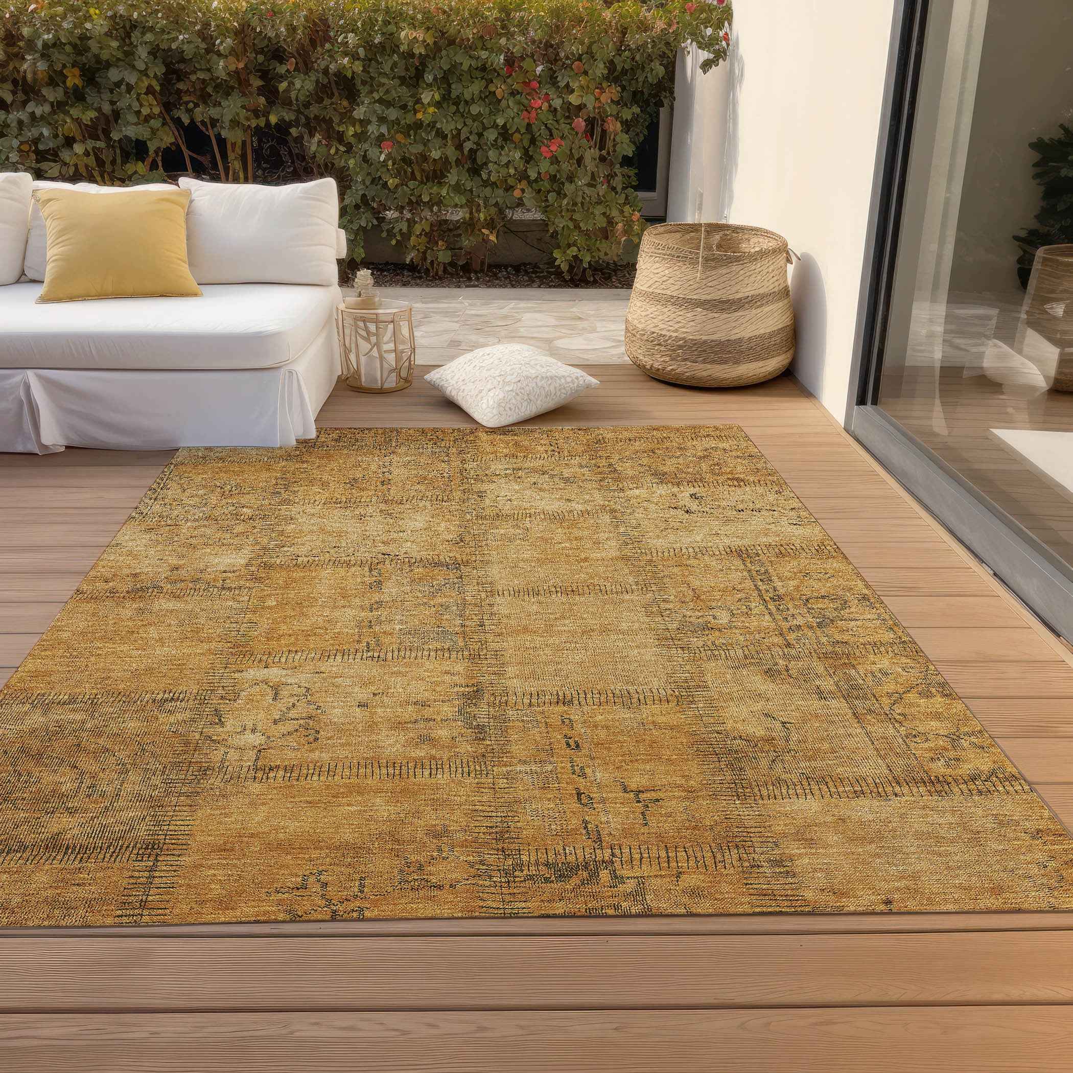 8' X 10' Peach Gray And Charcoal Patchwork Washable Indoor Outdoor Area Rug