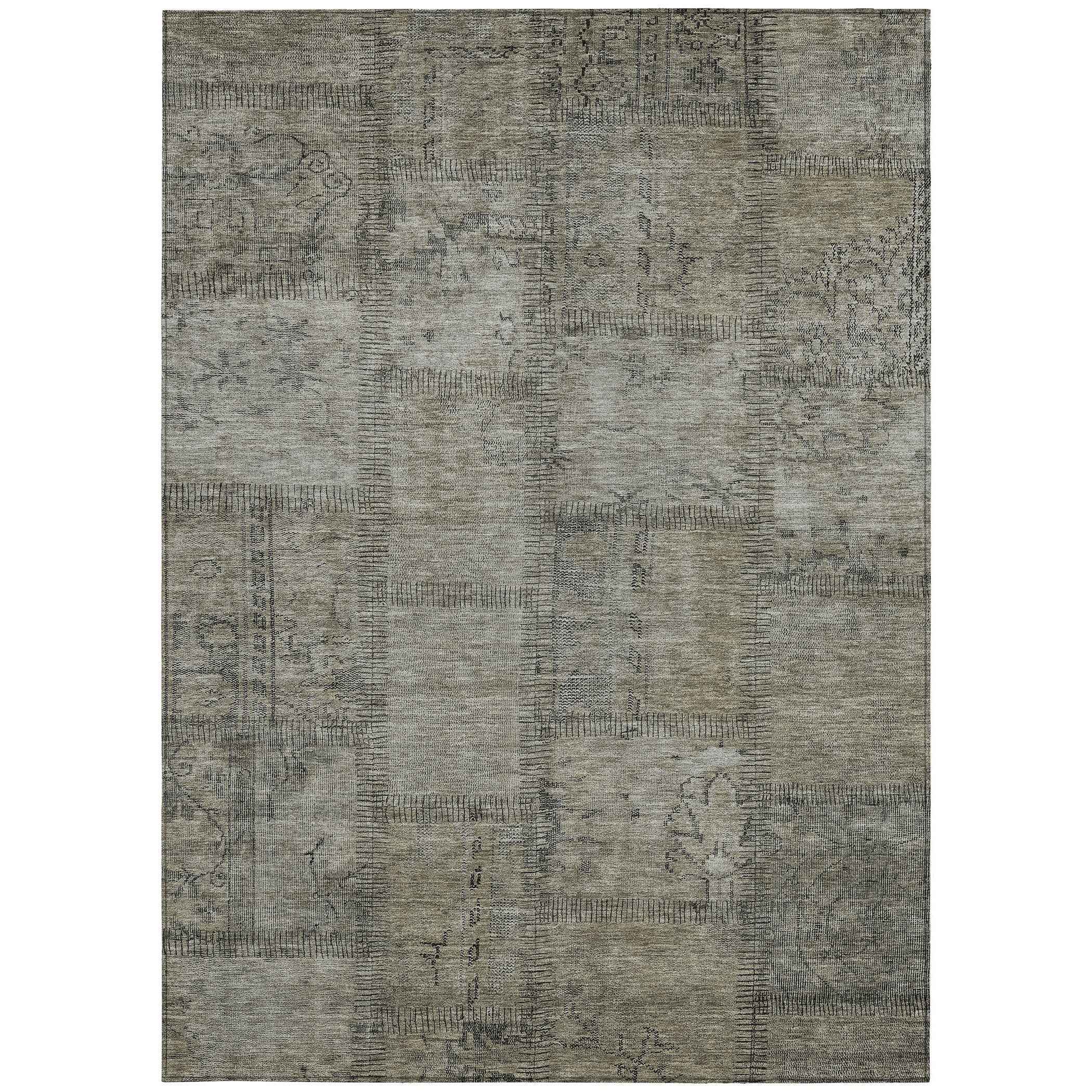 9' X 12' Taupe Brown And Beige Patchwork Washable Indoor Outdoor Area Rug