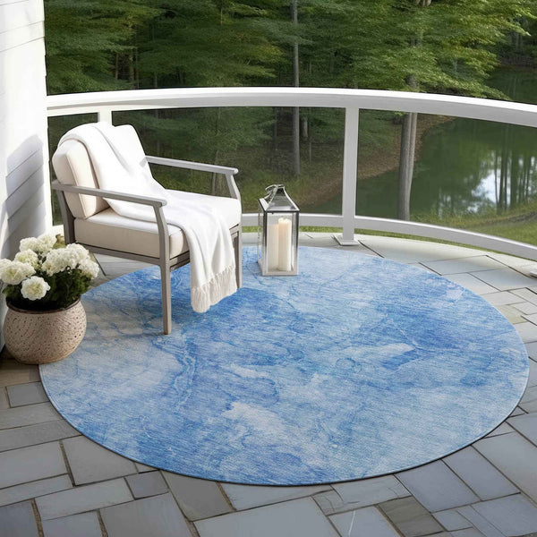 8' Denim Blue And Sky Blue Round Nautical Washable Indoor Outdoor Area Rug