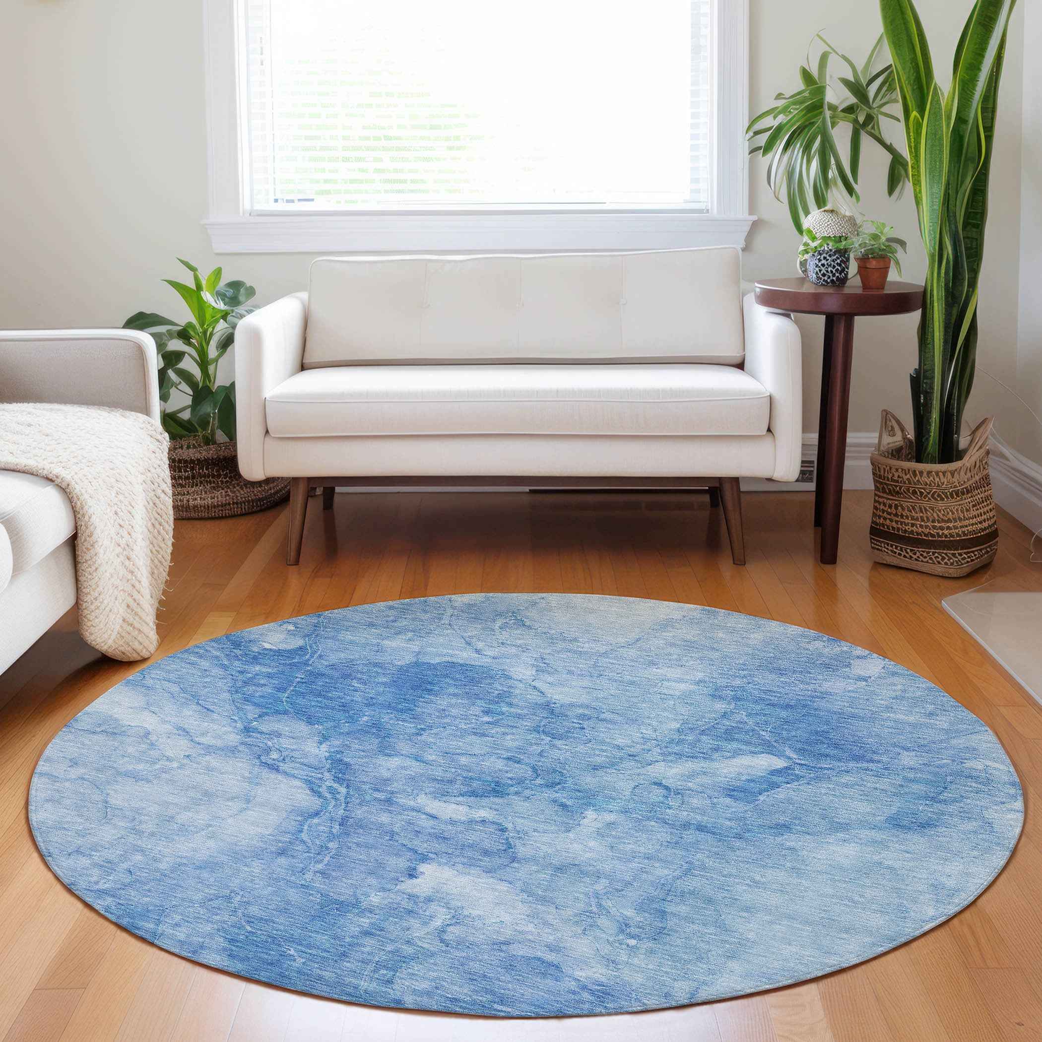 8' Denim Blue And Sky Blue Round Nautical Washable Indoor Outdoor Area Rug