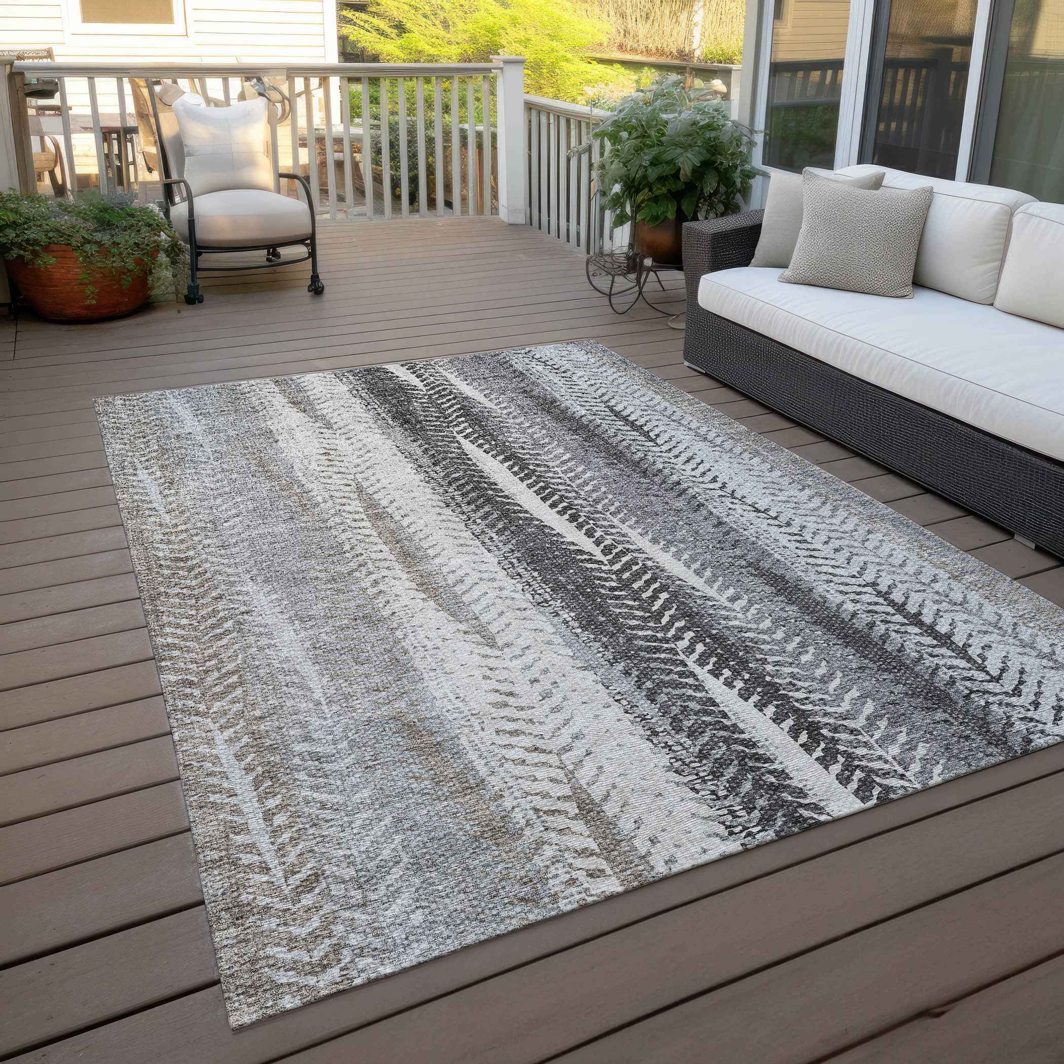 9' X 12' Khaki Ivory And Gray Botanical Leaves Washable Indoor Outdoor Area Rug