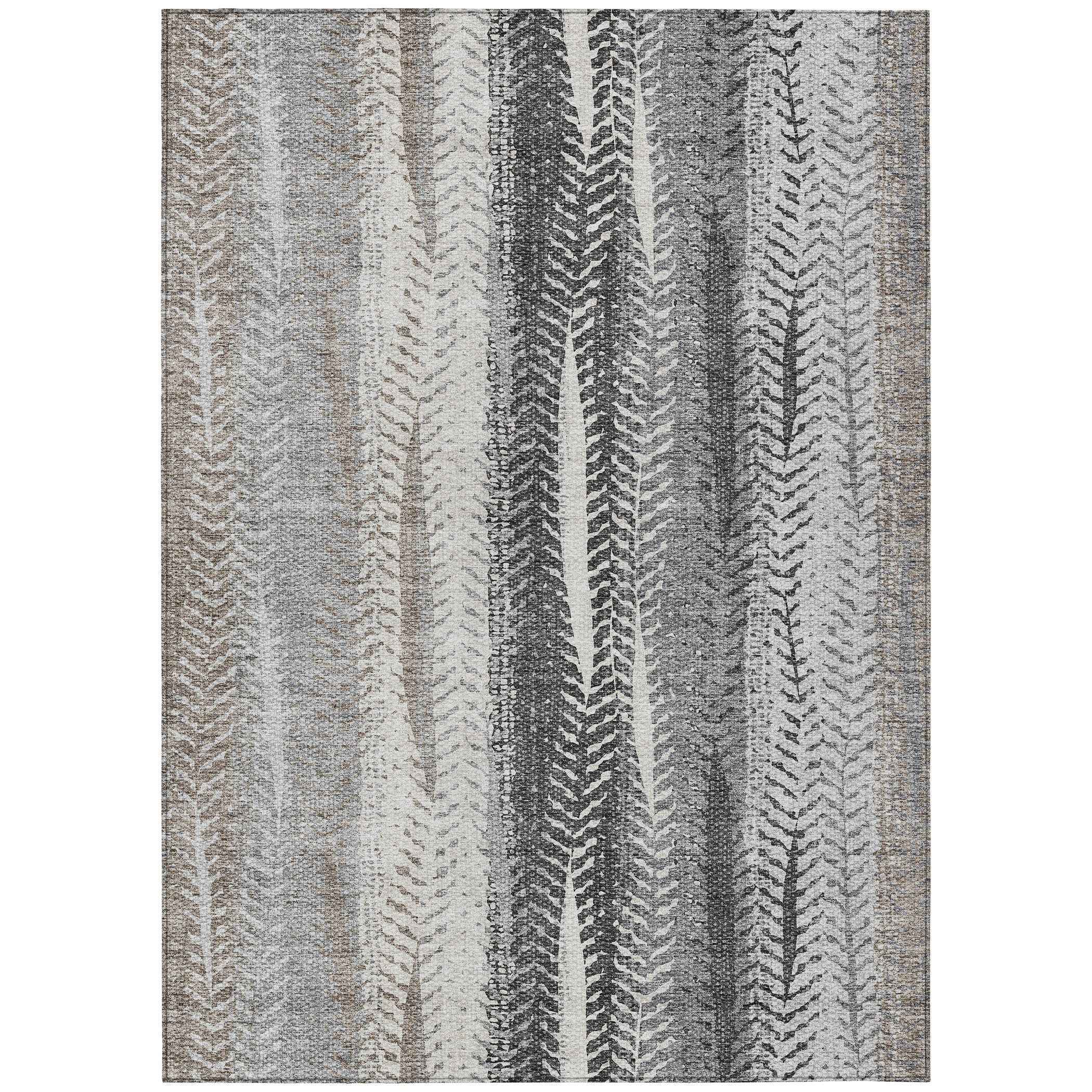 9' X 12' Khaki Ivory And Gray Botanical Leaves Washable Indoor Outdoor Area Rug