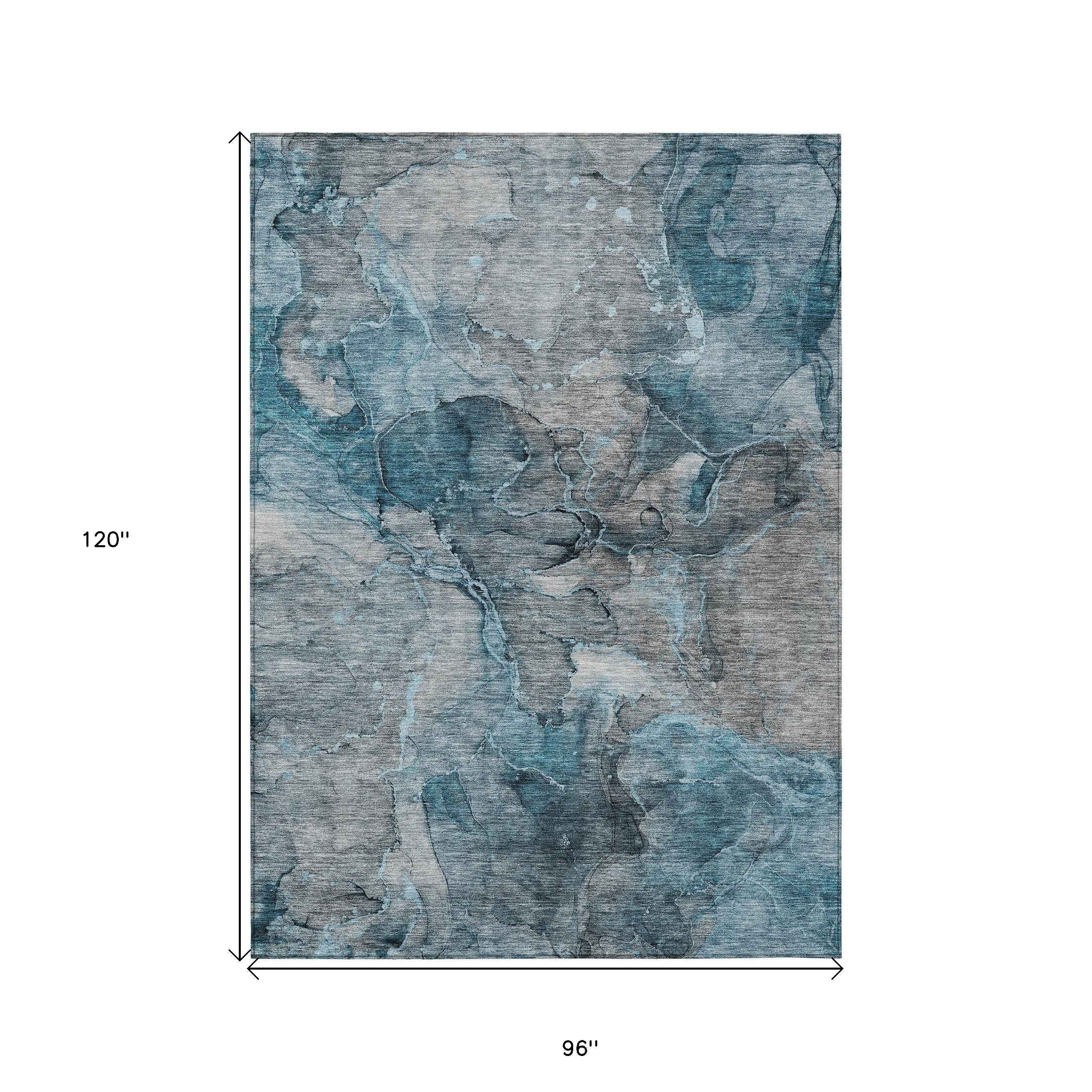 8' X 10' Teal Blue And Navy Blue Abstract Washable Indoor Outdoor Area Rug