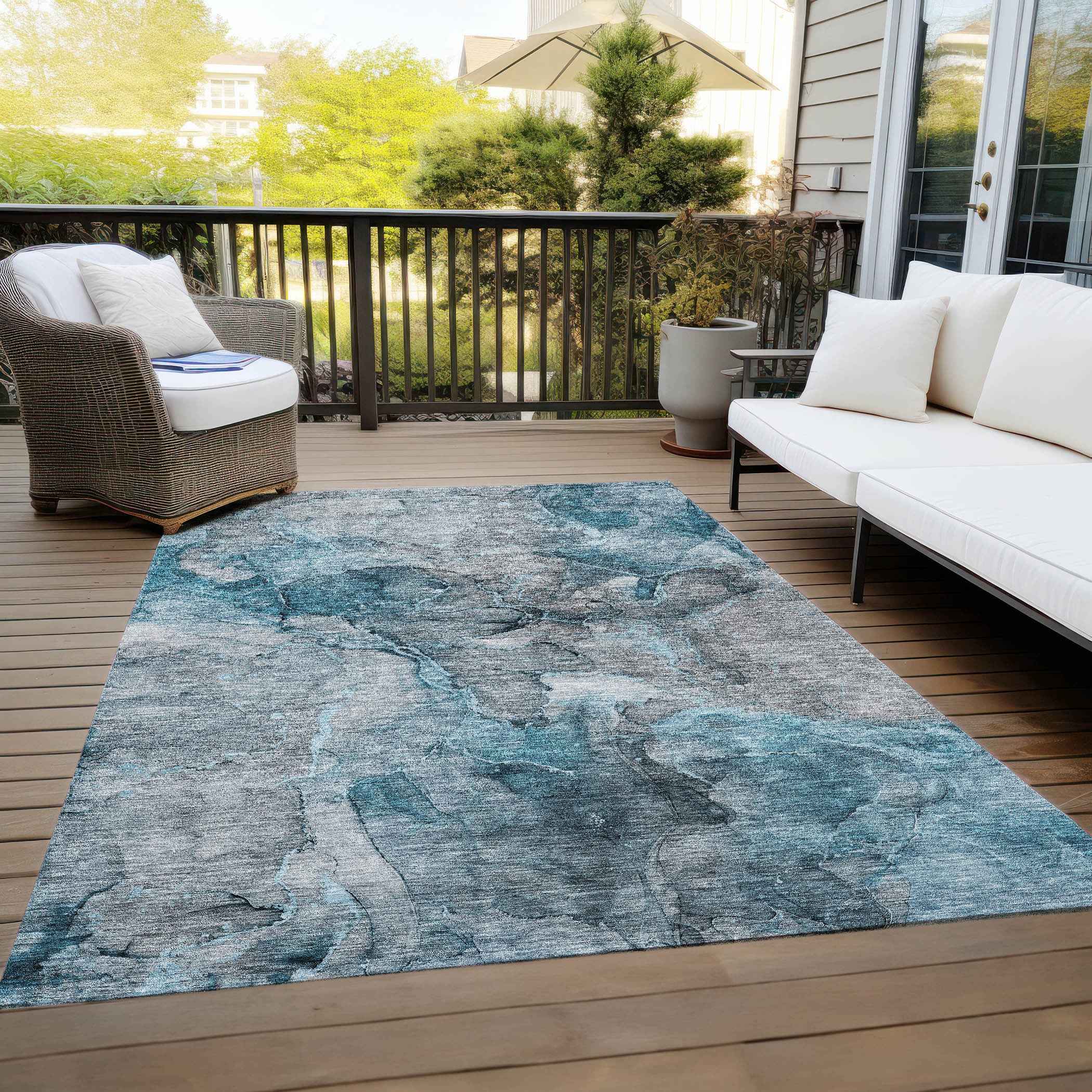8' X 10' Teal Blue And Navy Blue Abstract Washable Indoor Outdoor Area Rug