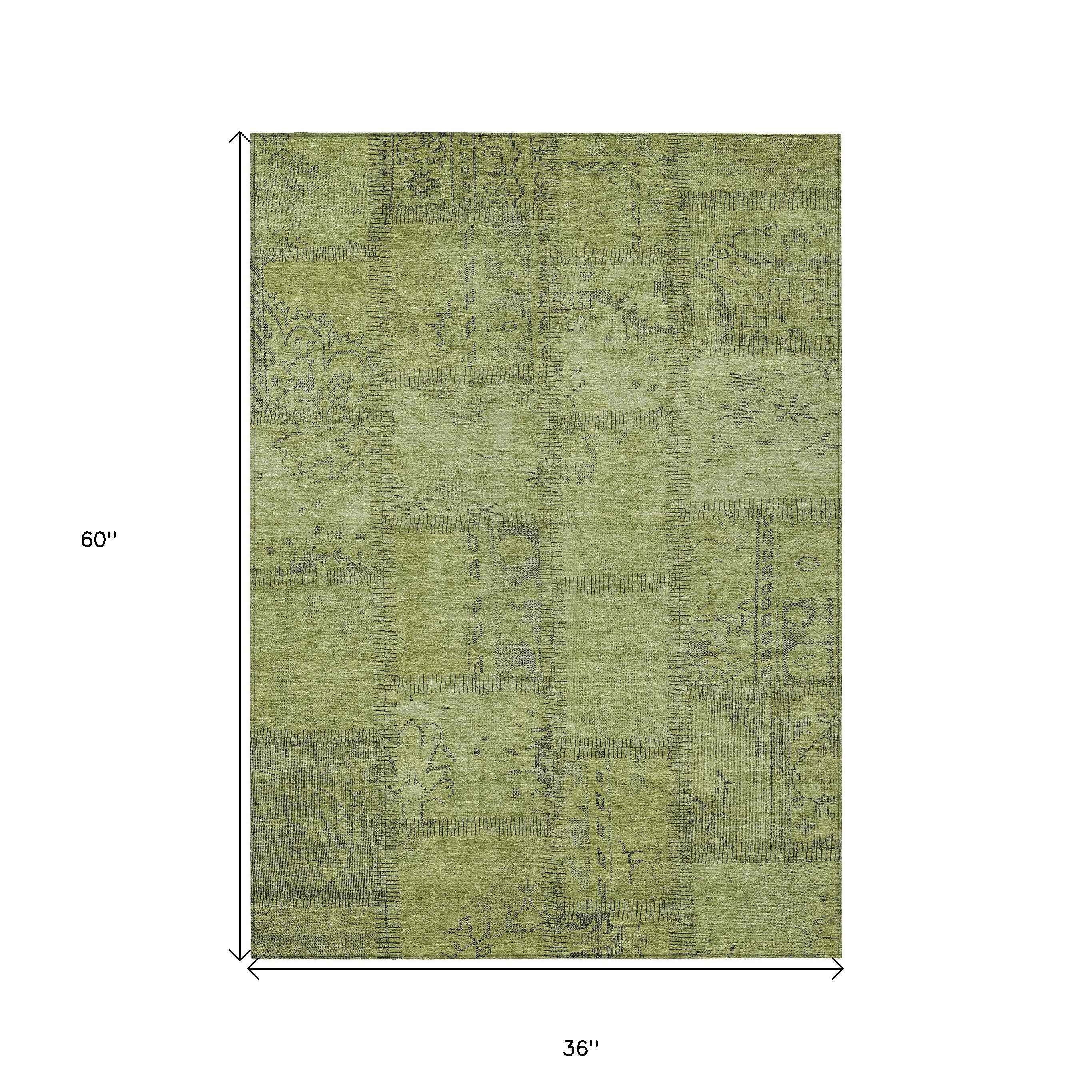 3' X 5' Fern Green And Artichoke Green Patchwork Washable Indoor Outdoor Area Rug