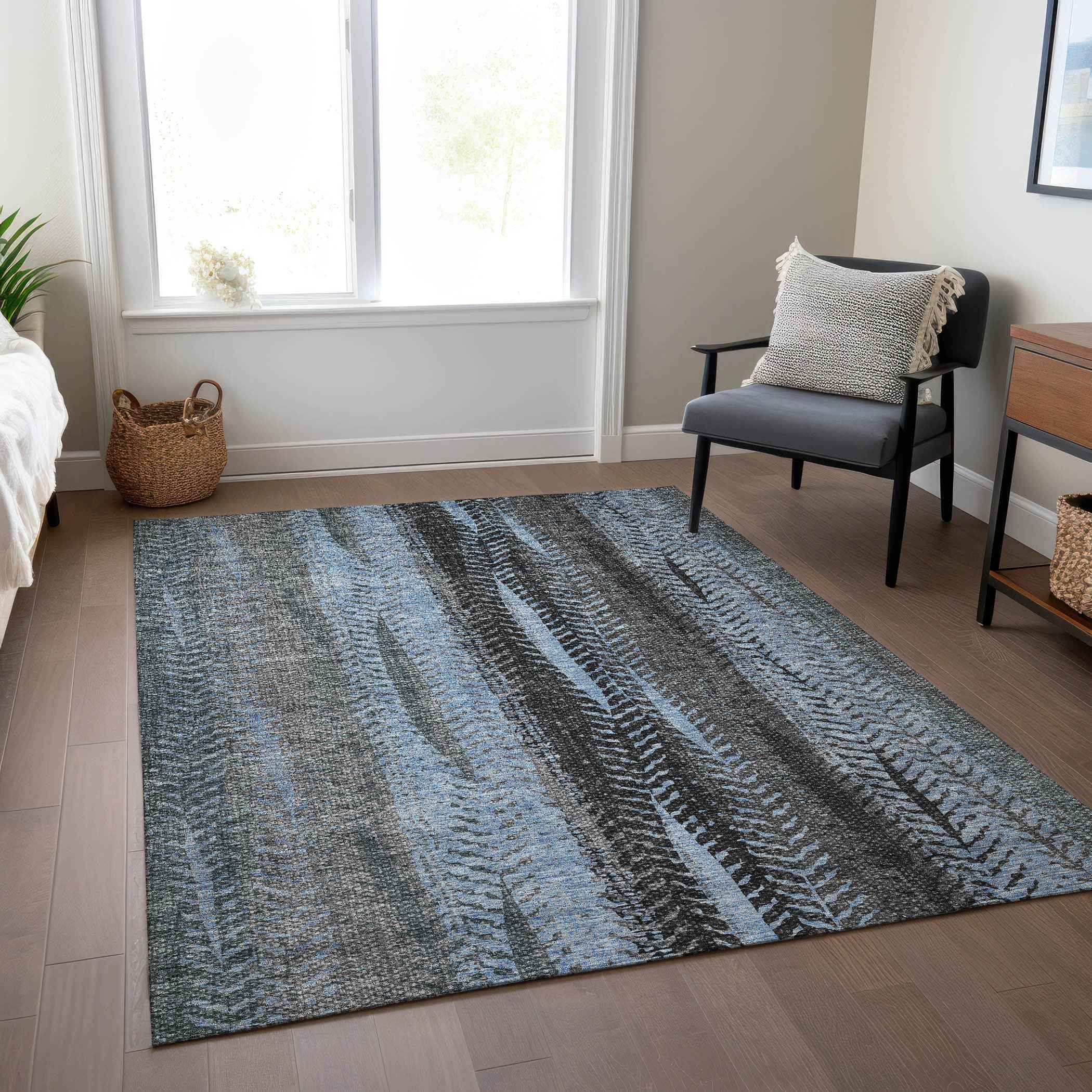 9' X 12' Blue Gray And Charcoal Botanical Leaves Washable Indoor Outdoor Area Rug