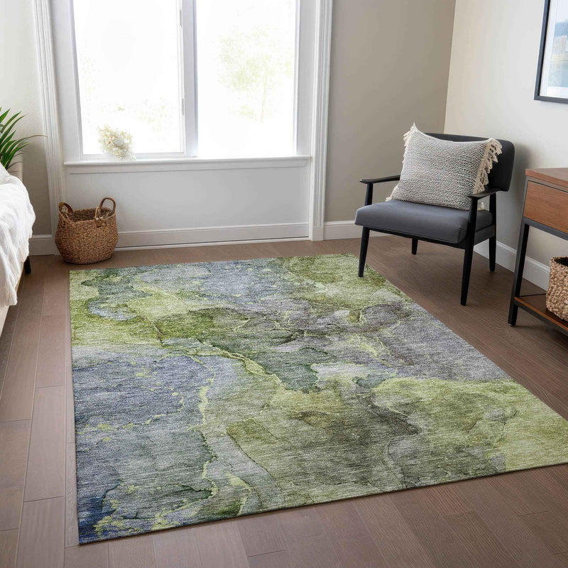 5' X 8' Olive Green And Gray Abstract Washable Indoor Outdoor Area Rug