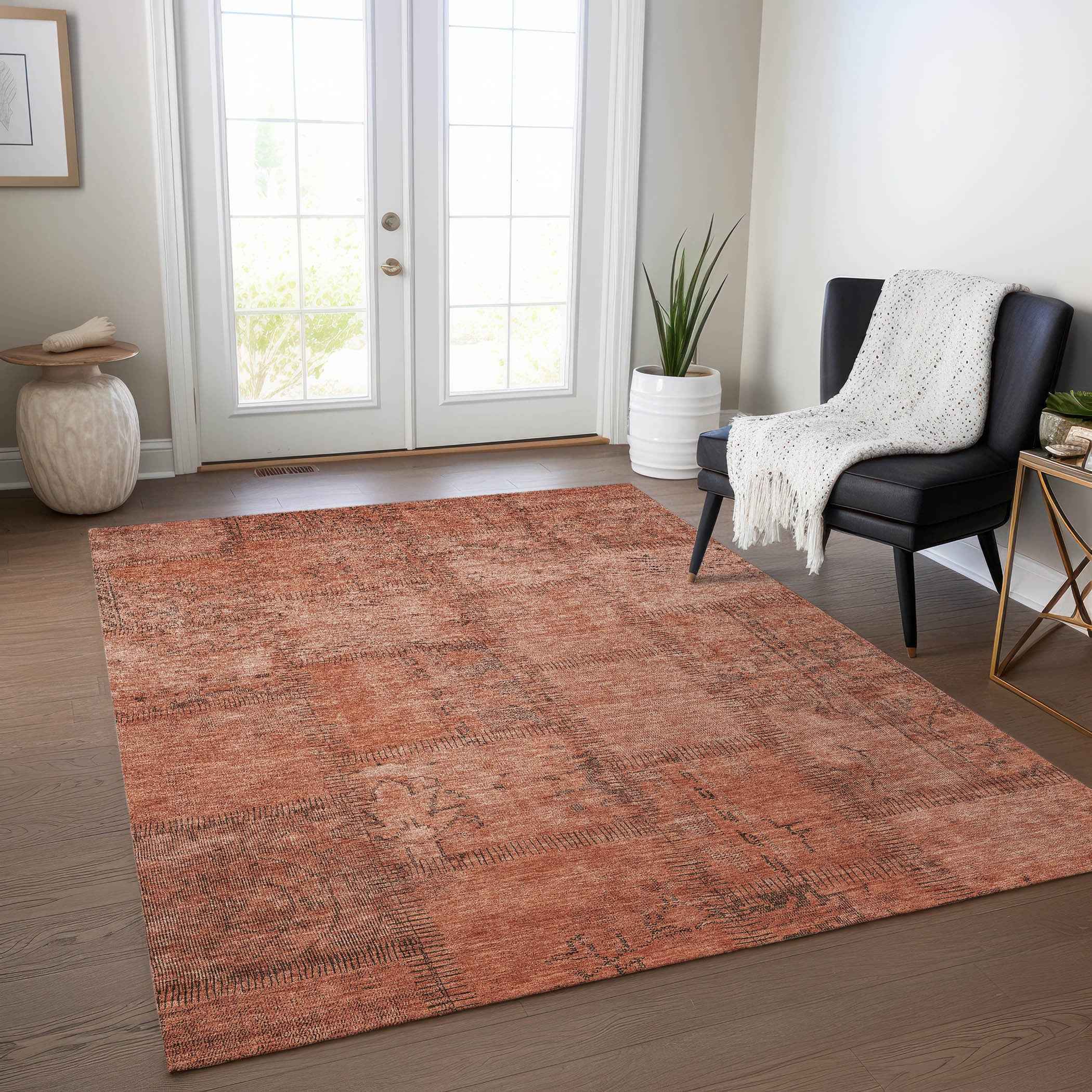 10' X 14' Salmon Copper And Gray Patchwork Washable Indoor Outdoor Area Rug