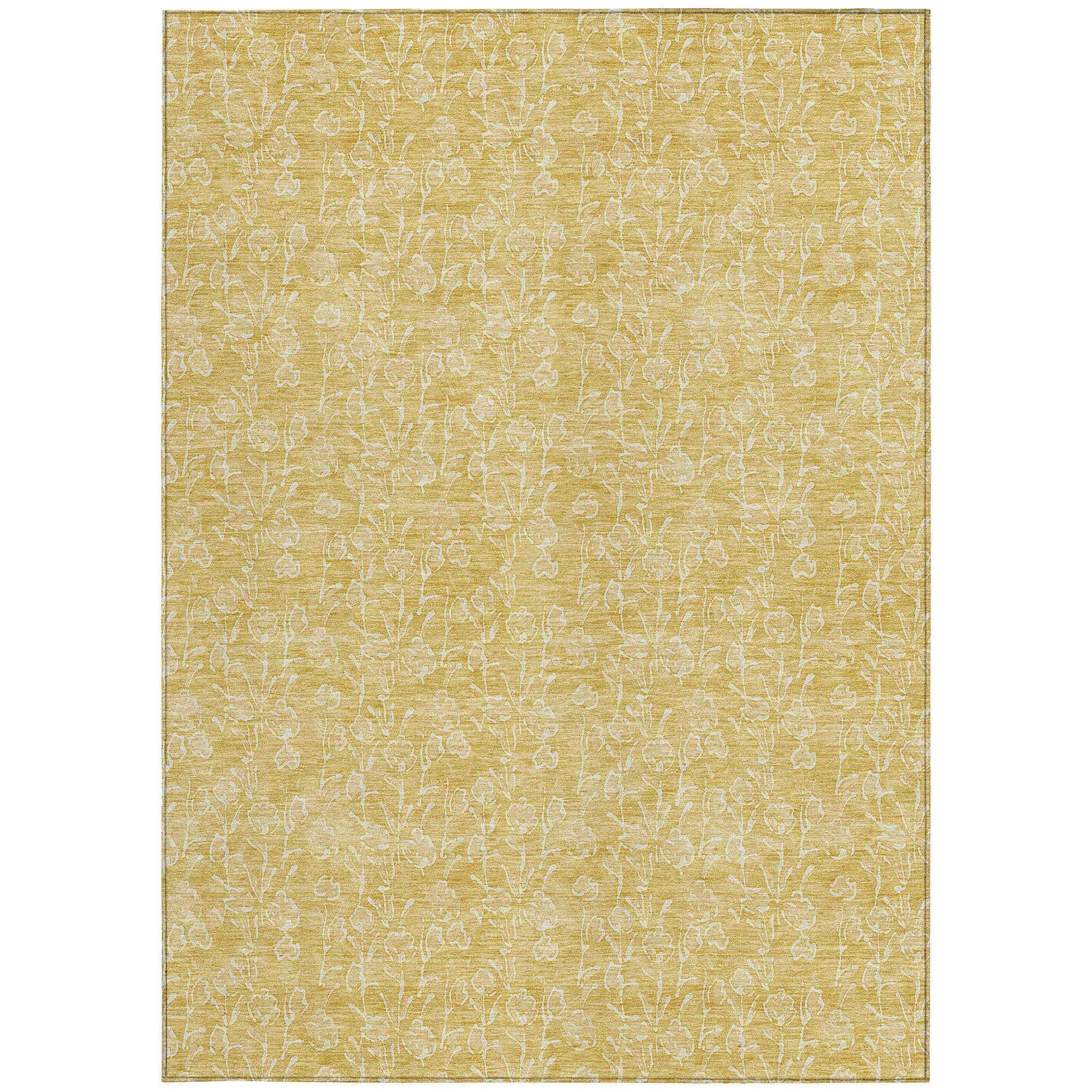 3' X 5' Gold And Ivory Floral Washable Indoor Outdoor Area Rug