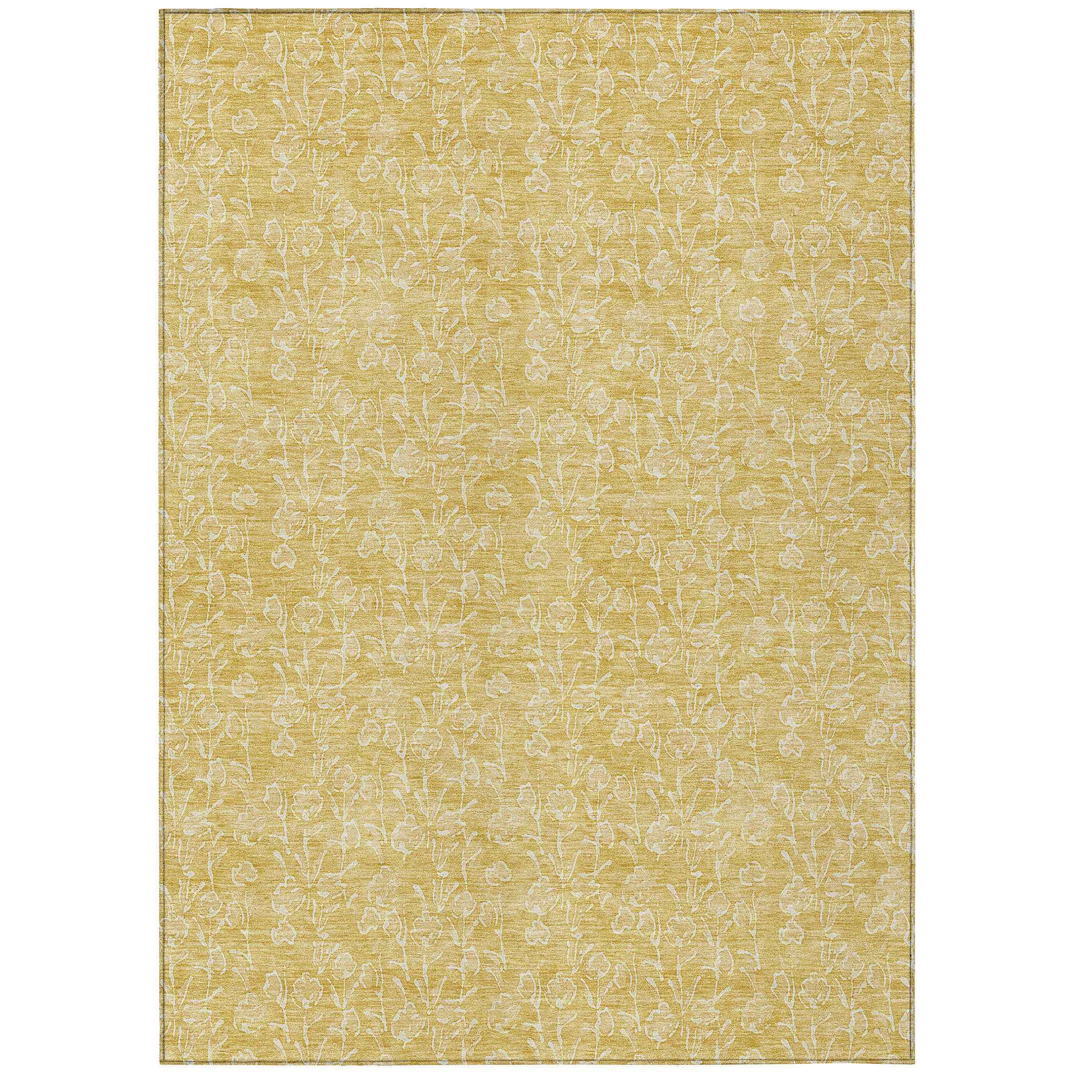 3' X 5' Gold And Ivory Floral Washable Indoor Outdoor Area Rug