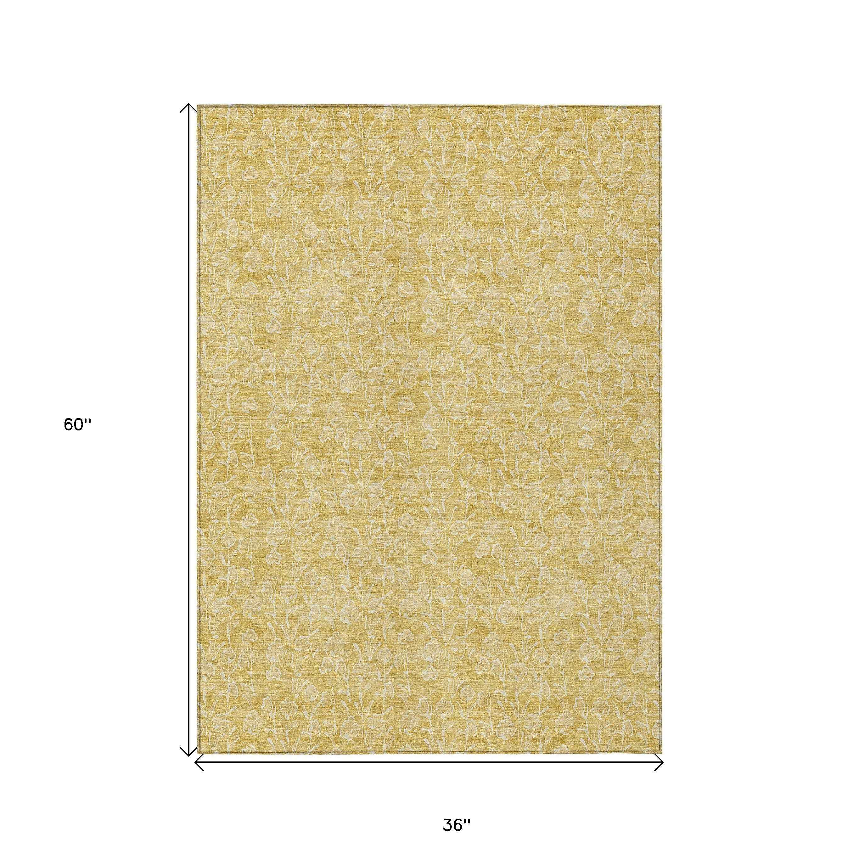 3' X 5' Gold And Ivory Floral Washable Indoor Outdoor Area Rug