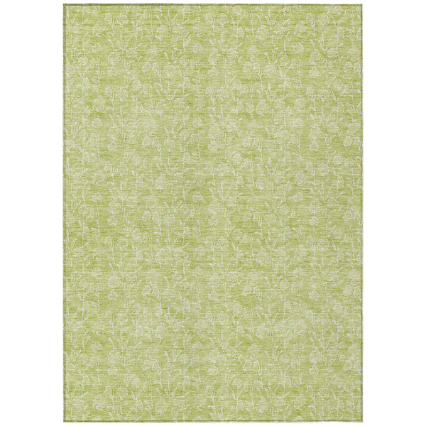 5' X 8' Artichoke Green And Ivory Floral Washable Indoor Outdoor Area Rug