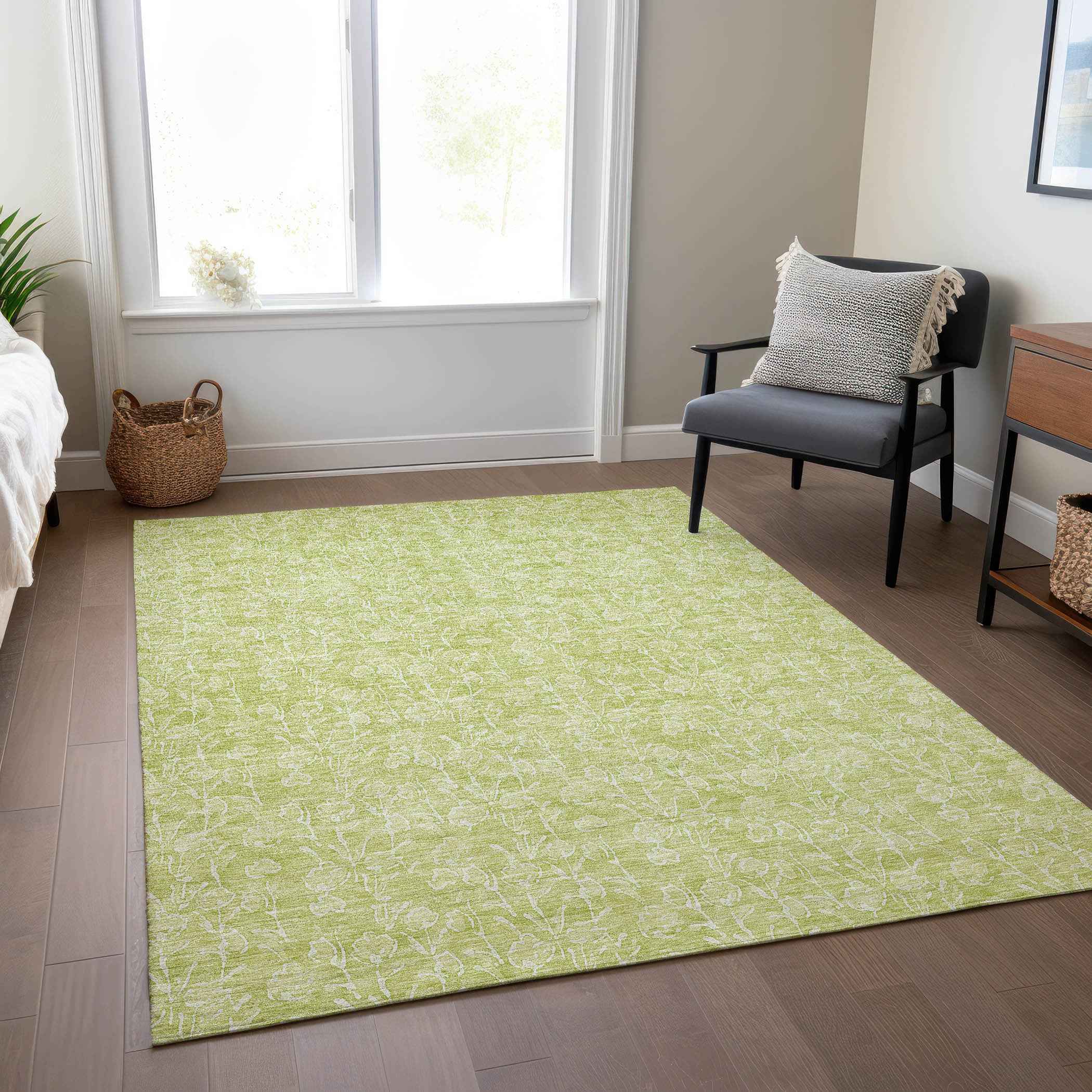 5' X 8' Artichoke Green And Ivory Floral Washable Indoor Outdoor Area Rug