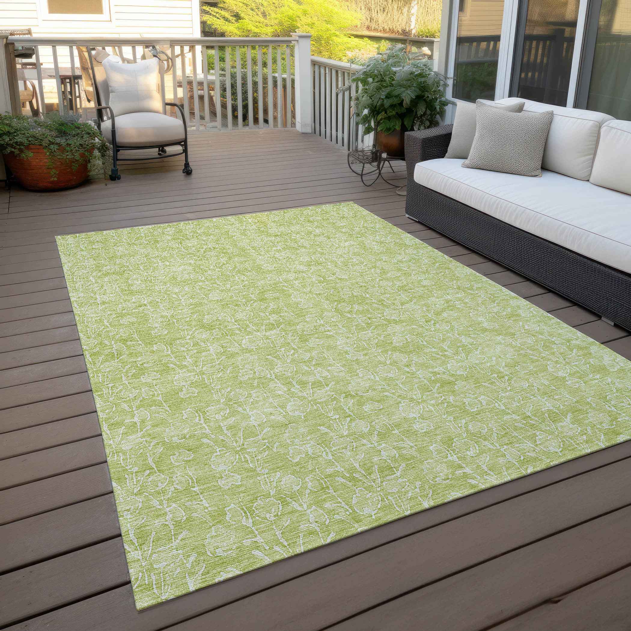 5' X 8' Artichoke Green And Ivory Floral Washable Indoor Outdoor Area Rug