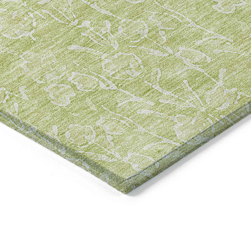 5' X 8' Artichoke Green And Ivory Floral Washable Indoor Outdoor Area Rug