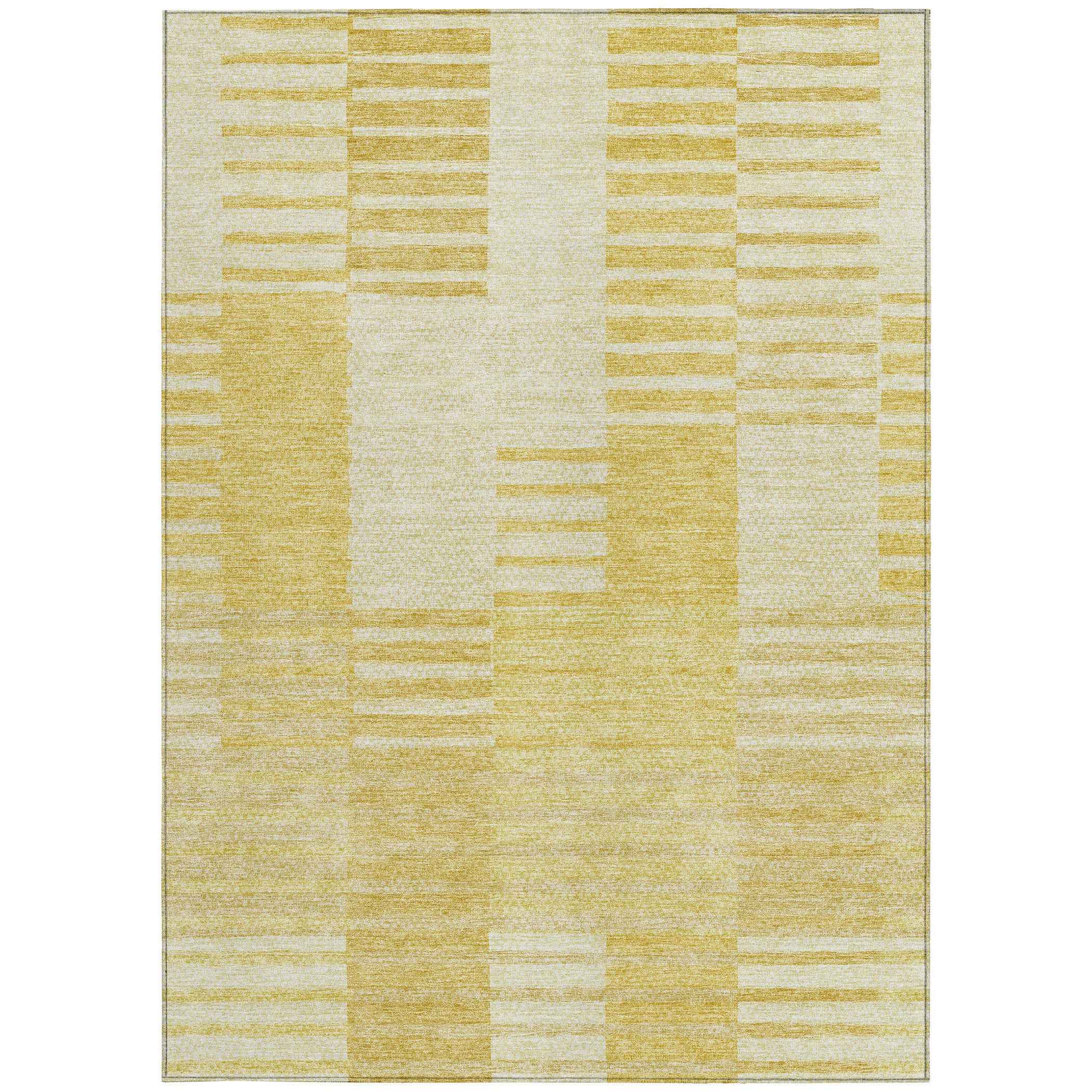 9' X 12' Gold Wheat And Ivory Striped Washable Indoor Outdoor Area Rug