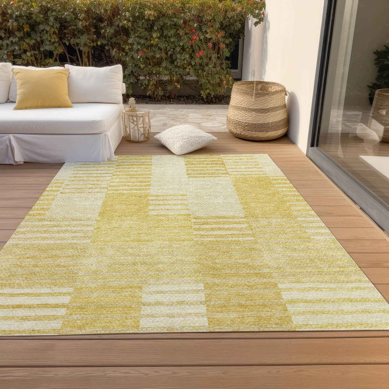 9' X 12' Gold Wheat And Ivory Striped Washable Indoor Outdoor Area Rug