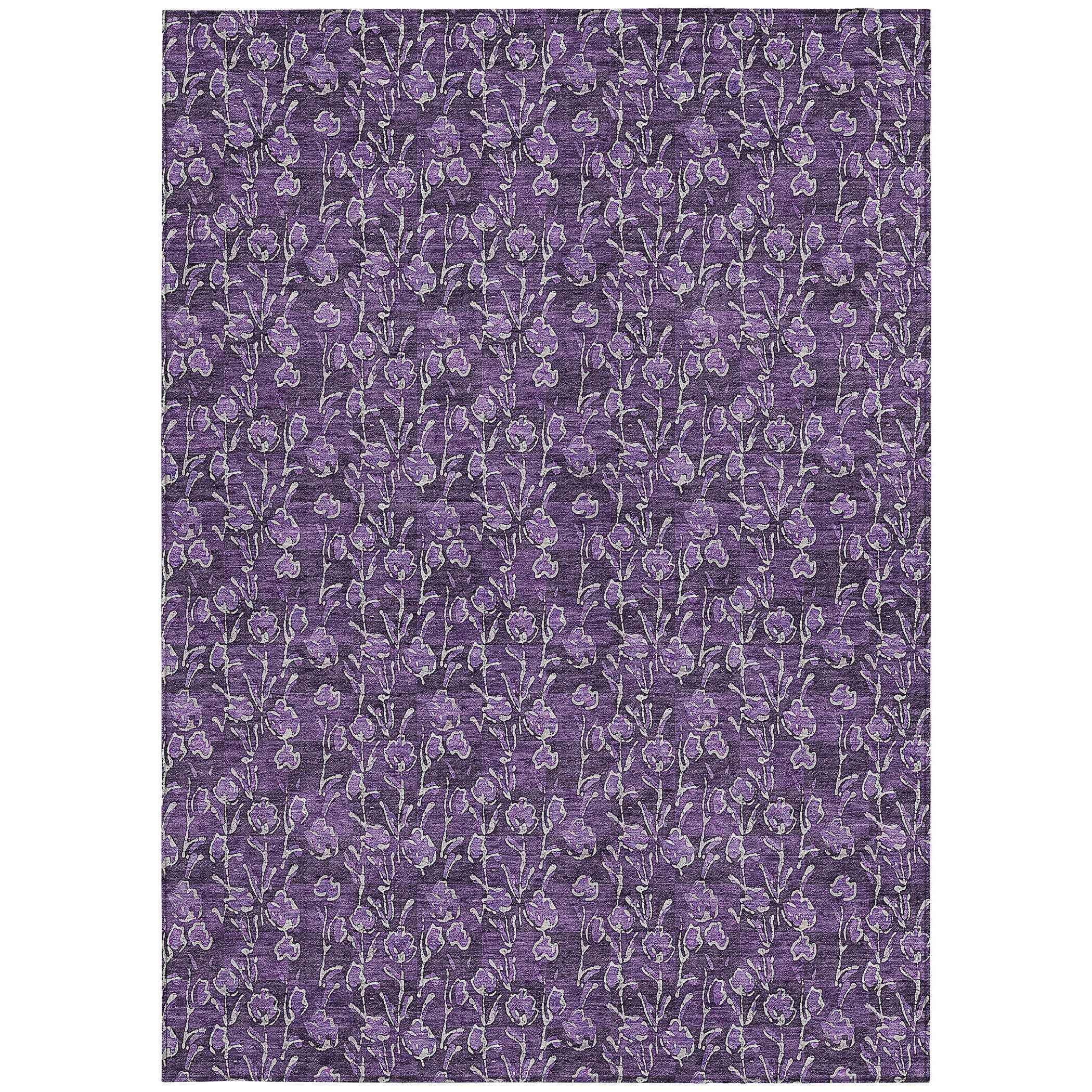 8' X 10' Purple Eggplant And Ivory Floral Washable Indoor Outdoor Area Rug