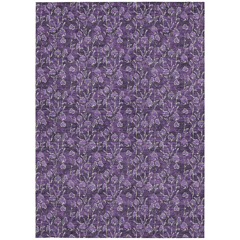 8' X 10' Purple Eggplant And Ivory Floral Washable Indoor Outdoor Area Rug